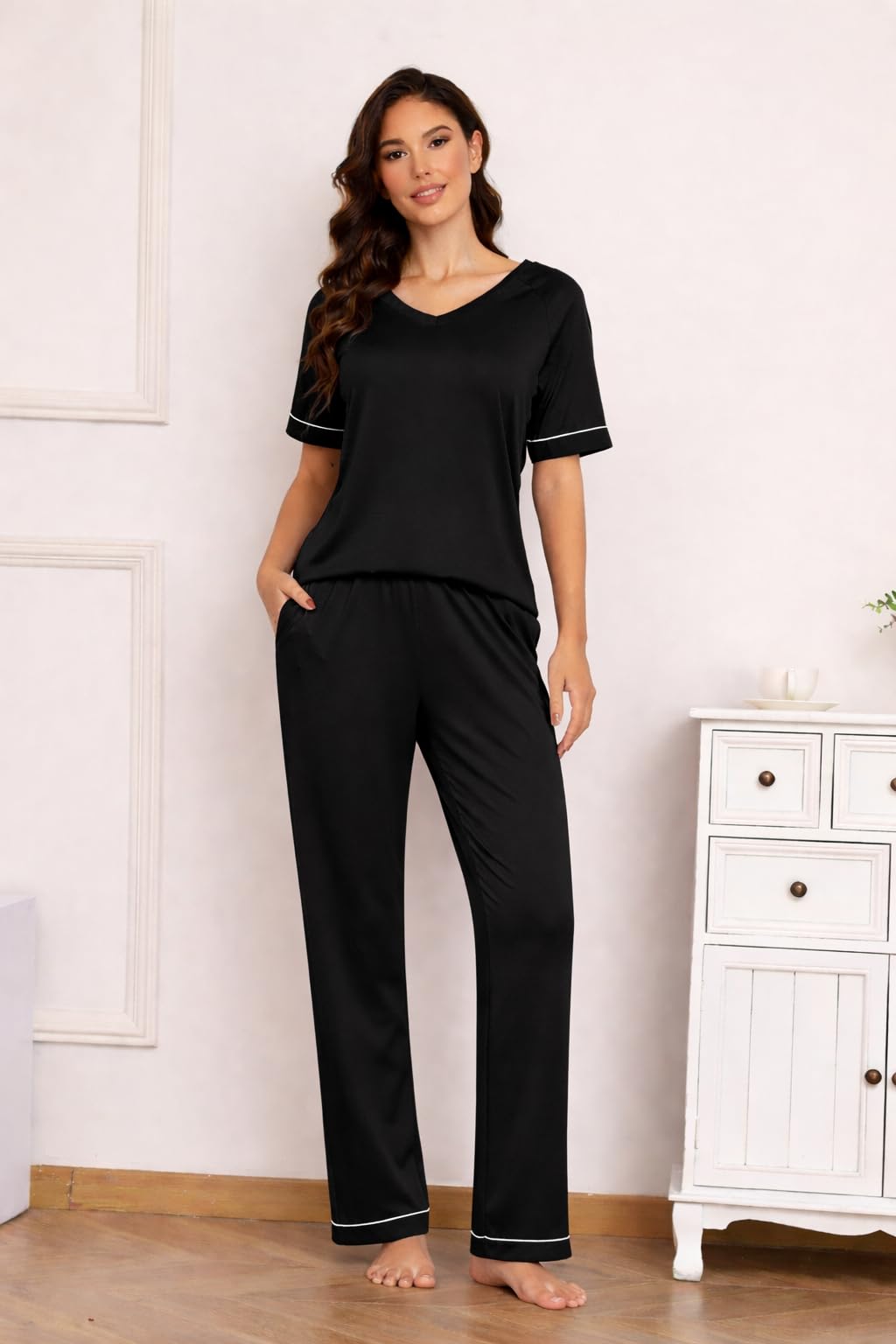 Ekouaer Womens Pajama Set Short Sleeve Pajamas Top and Pants V Neck Pjs Set Soft Loungewear with Pockets