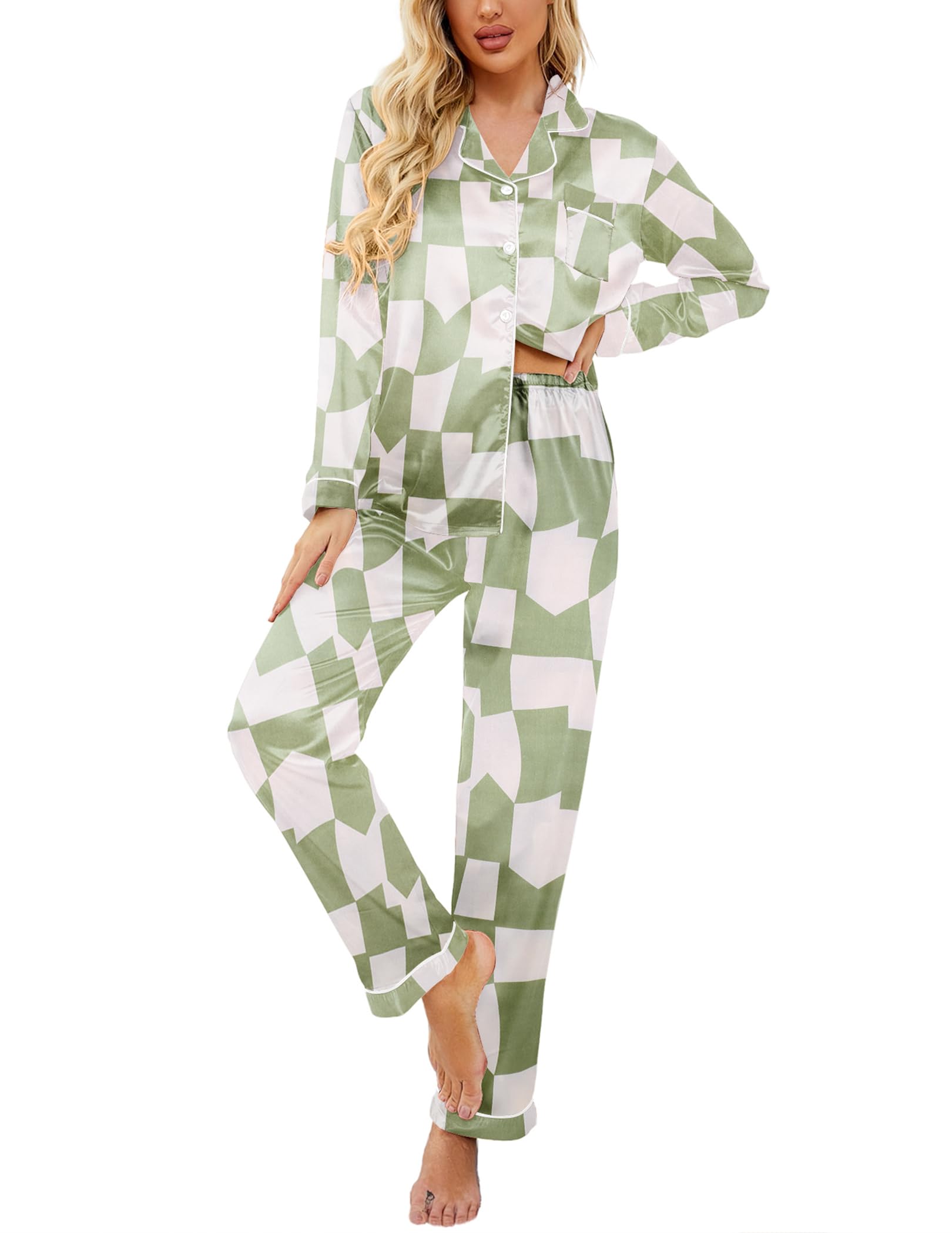 Ekouaer Womens Satin Silky Pajama Set Classic Pattern Button Down Pjs Set | Soft Fabric, Long Sleeve Notch Collar with Contrast Piping, Chest Pocket, Gifting Sleepwear WEBE CLOTHING