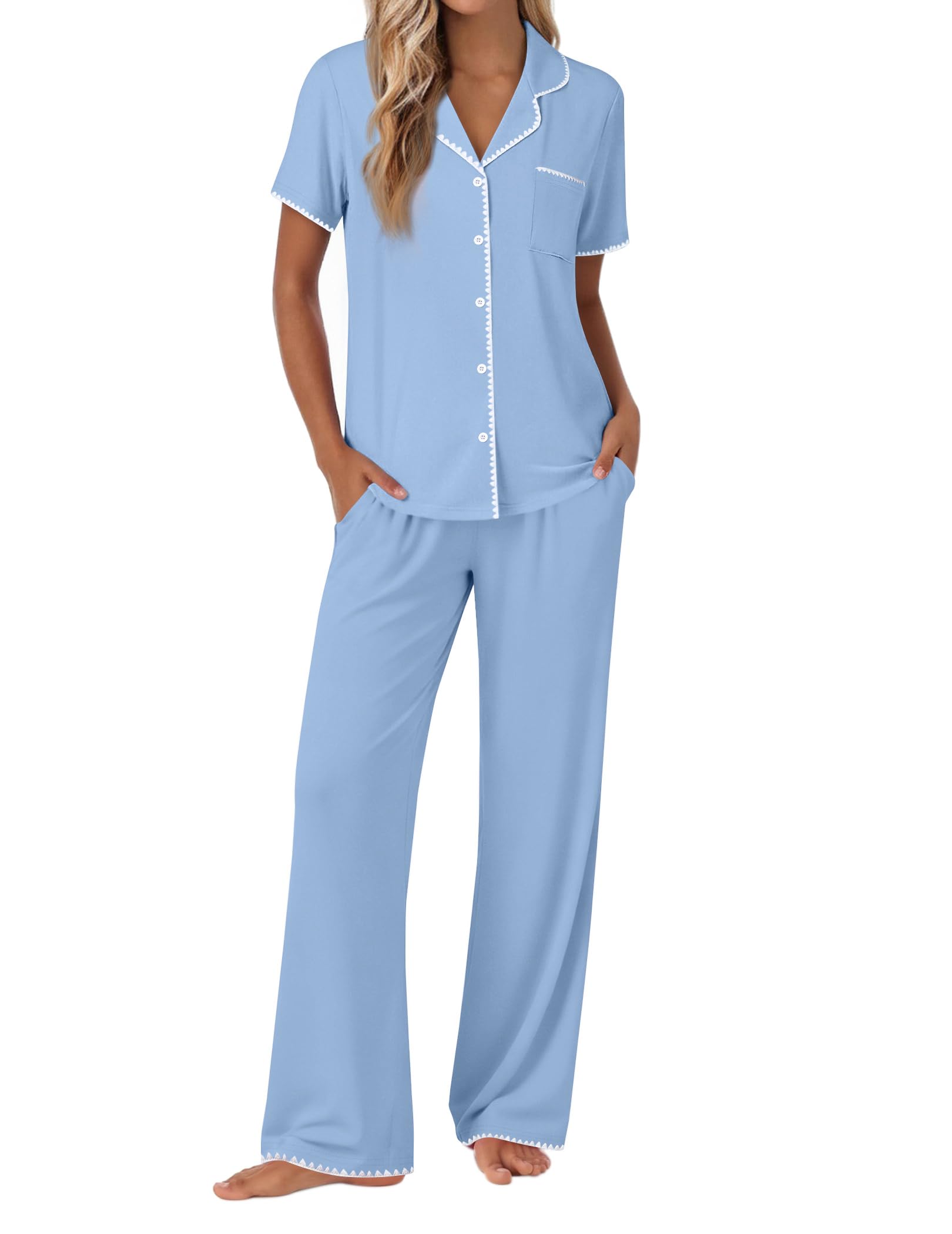Ekouaer Pajamas for Women Set Button Up Soft Pjs Short Sleeve 2 Piece Lounge Sets Comfy Sleepwear