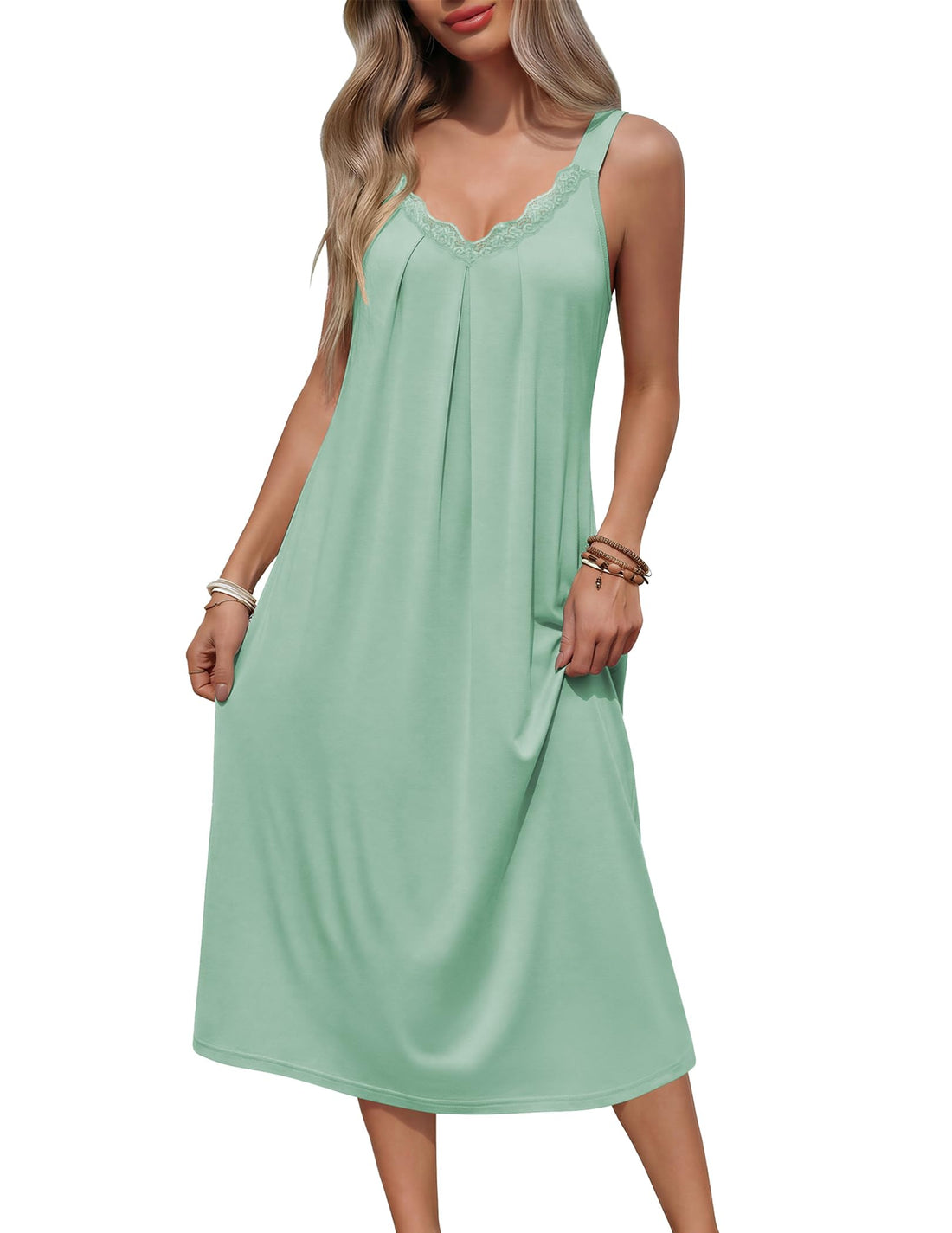 Ekouaer Sleeveless Nightgowns for Women Lace V-neck Long Nightdress Wide Strap Sleepwear Soft Lounge Dresses WEBE CLOTHING