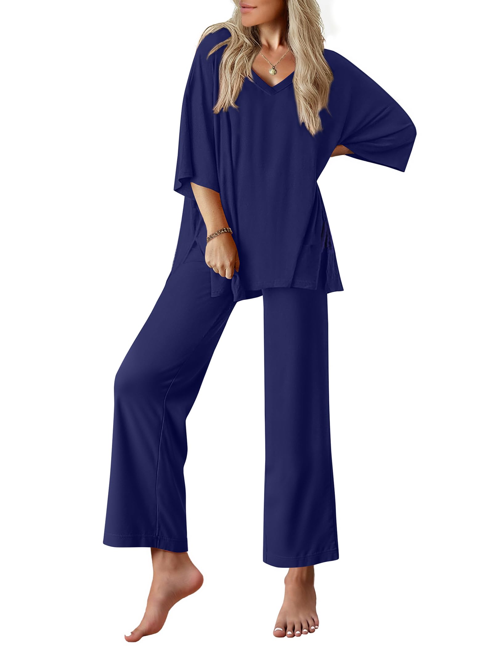 Ekouaer Lounge Sets for Women Short Sleeve Tops and Long Pants Pajamas Set | Comfy V Neck Top and Loose Fit Pants, Fashion Oversized style, ideal for Home relaxation, Daily Wear & Maternity WEBE CLOTHING