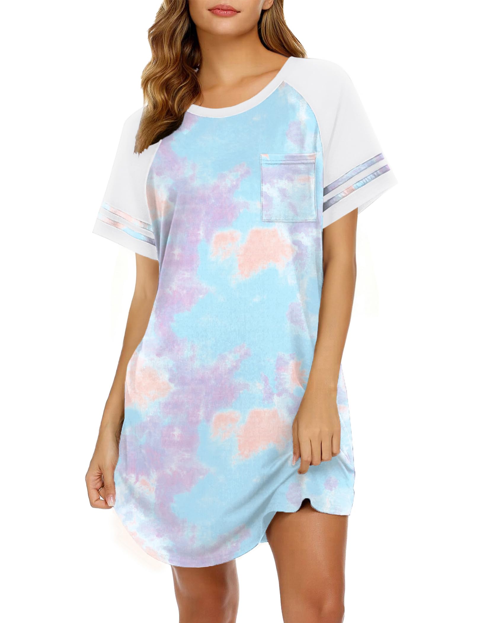 Ekouaer Nightgowns for Women Short Sleeve Sleepshirts Crew Neck Nightshirts Color Block Pajamas Dress Soft Sleepwear WEBE CLOTHING