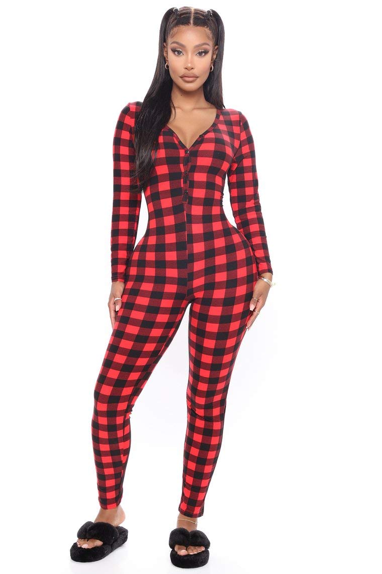 Women Christmas Long Sleeve Stripe Heart One Piece Pajamas Bodycon Jumpsuit Button Neck Sleepwear WEBE CLOTHING