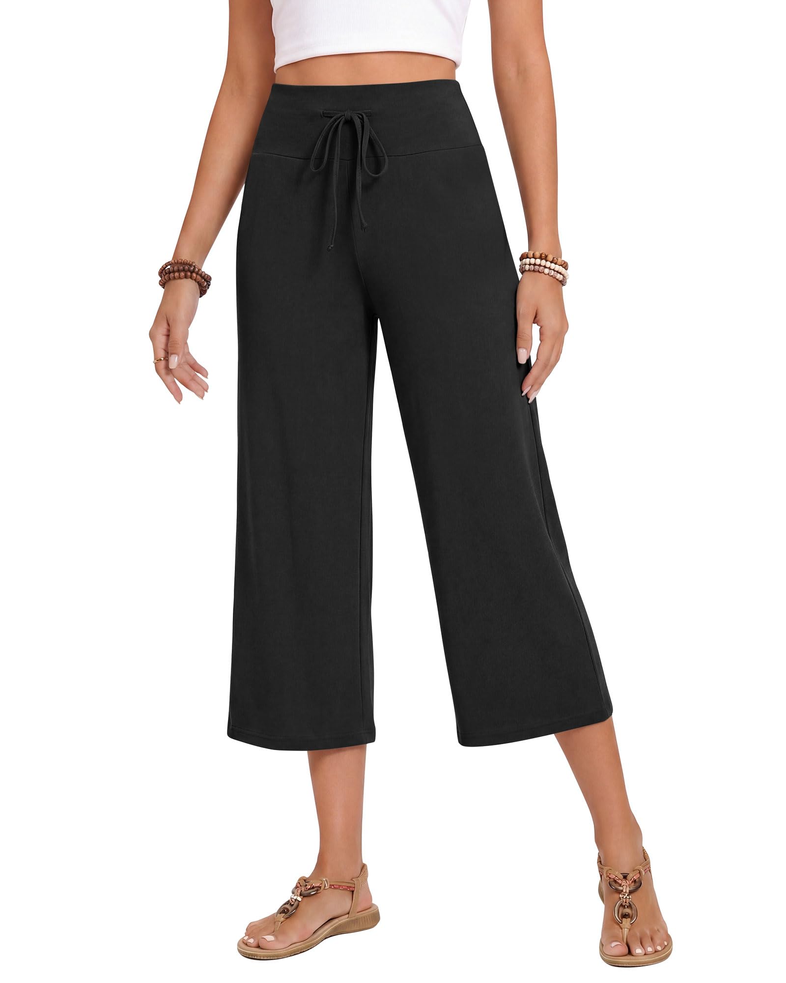ZOOSIXX Soft Black Pajama Pants for Women, Wide Leg Pants Woman Flowy Comfy Casual Lounge Yoga Capri Pants 22”/ 30”
