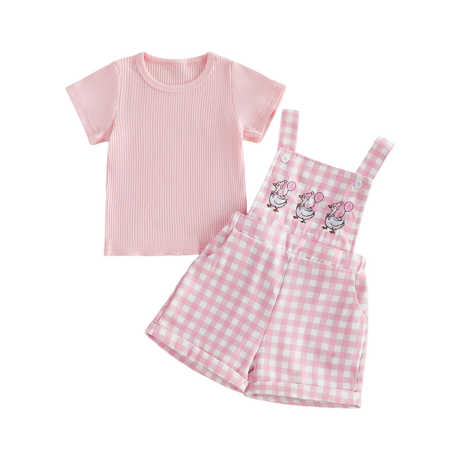 Toddler Baby Girls Summer Outfits T-Shirt Overalls Shorts Set | Short Sleeve Ribbed Shirt, Flower/Apple/Strawberry/Camo/Star/Bee Suspender Overalls, Kid 2Pcs Clothing, Spring Clothes 12M-5Y WEBE CLOTHING