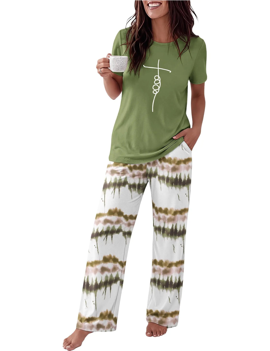 Ekouaer Pajama Set for Women 2 Piece Pjs Short Sleeve Top and Printed Pants | Womens Round Neck Lounge Sets Short Sleeve Sleepwear with Loose Pants for Daily Wear, Home Lounging, Casual Errands WEBE CLOTHING