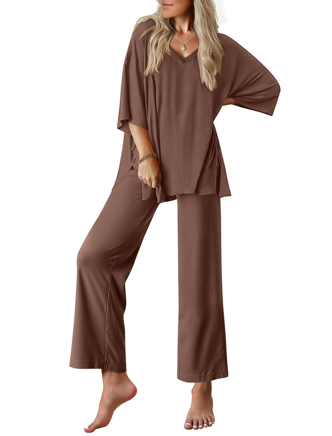 Ekouaer Lounge Sets for Women Short Sleeve Tops and Long Pants Pajamas Set | Comfy V Neck Top and Loose Fit Pants, Fashion Oversized style, ideal for Home relaxation, Daily Wear & Maternity WEBE CLOTHING