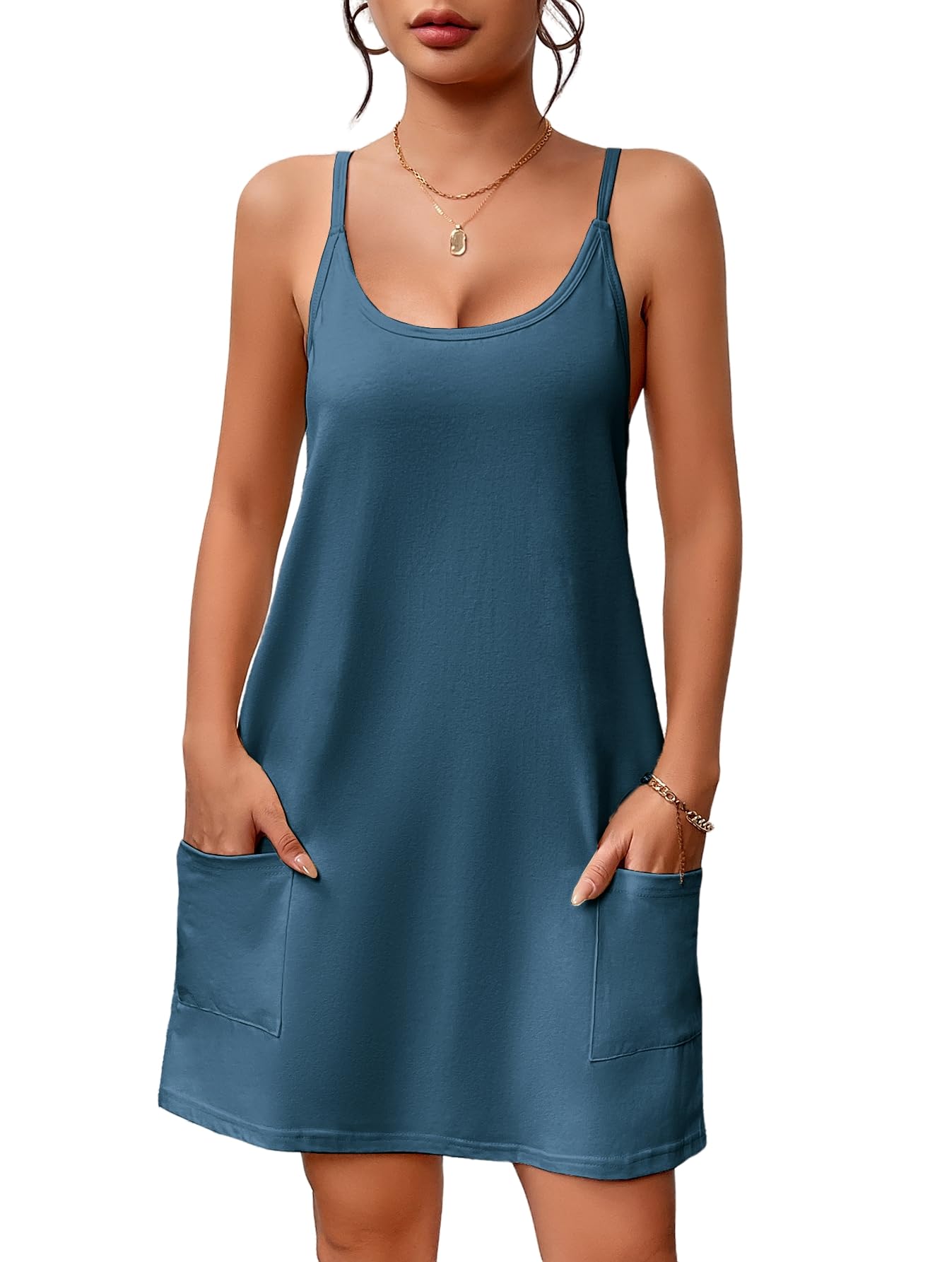 Ekouaer Nightgowns for Women Cotton Sleepwear Sexy Sleep Shirt Adjustable Spaghetti Strap Night Gowns with Pockets S-3XL WEBE CLOTHING