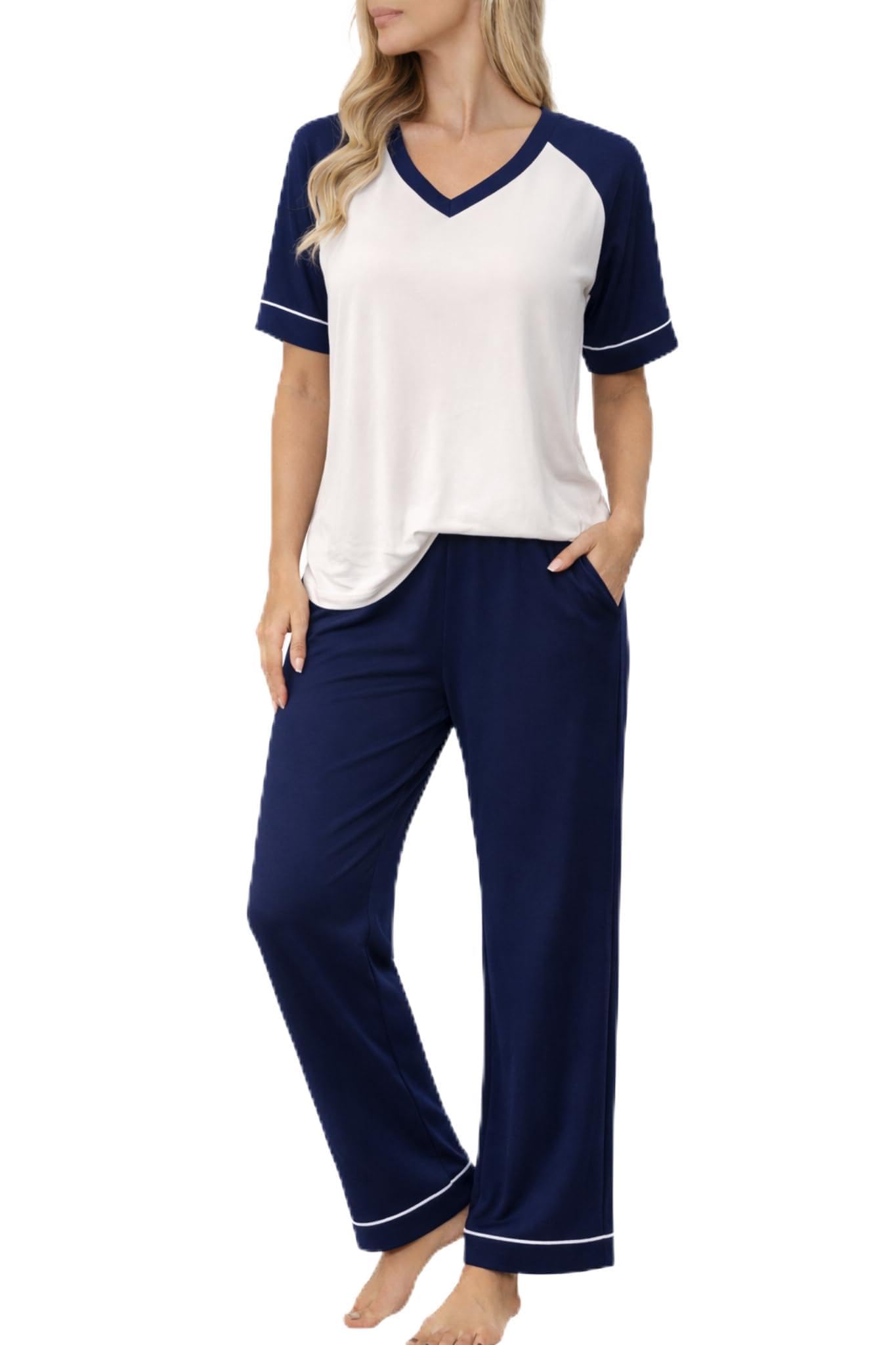 Ekouaer Womens Pajama Set Short Sleeve Pajamas Top and Pants V Neck Pjs Set Soft Loungewear with Pockets