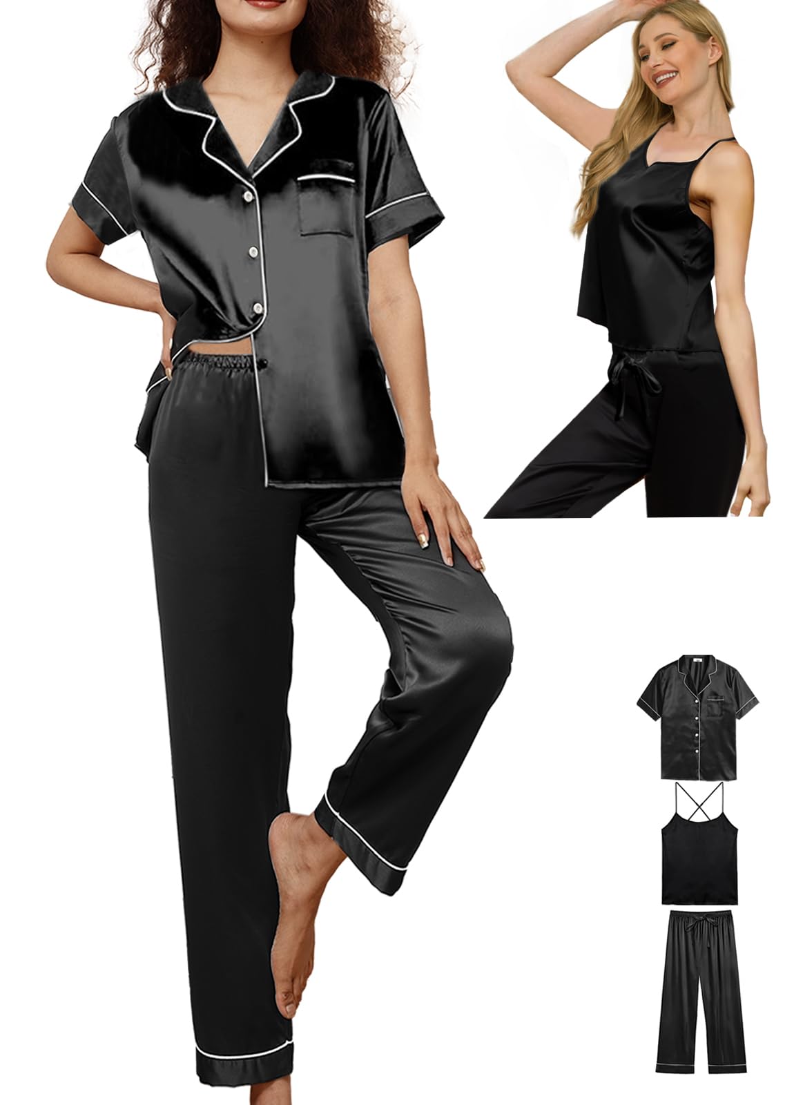 3Pcs Womens Satin Pajamas Set Silk Pj Sets Sexy Camisole Tops And Pants Silky Pajama XS-4XL Pjs Sleepwear WEBE CLOTHING