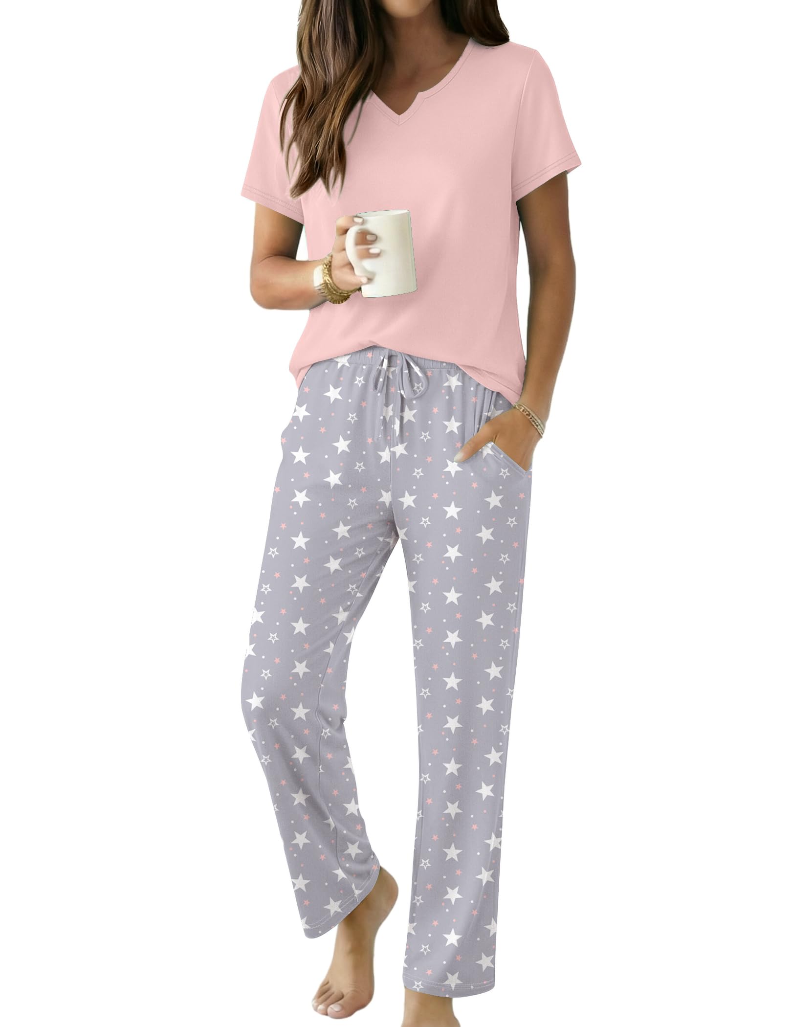 Ekouaer 2 Piece Womens Pajamas Short Sleeve Top and Long Pants Pjs Set Printed Sleepwear with Pocket WEBE CLOTHING