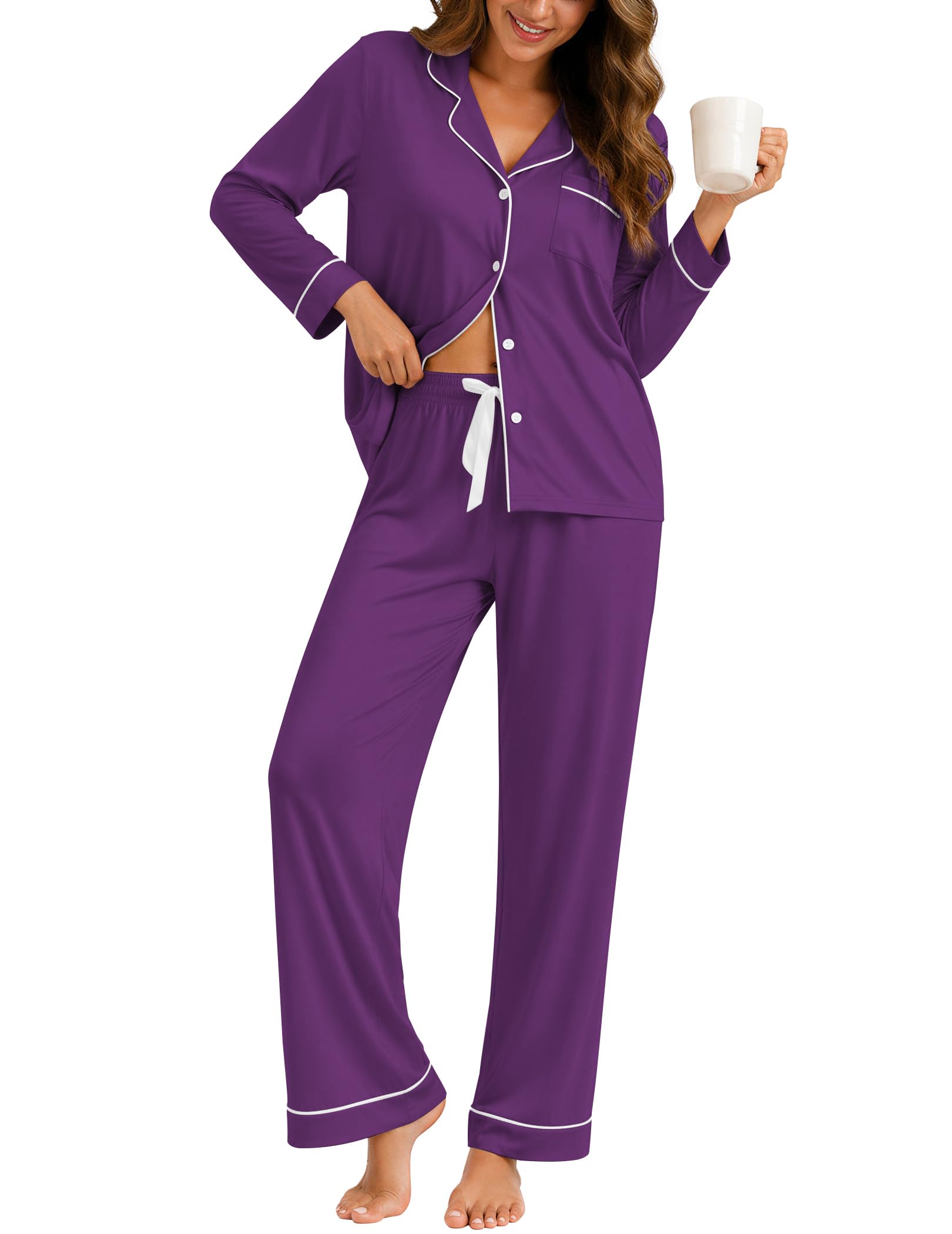 ZMJ Womens Pajamas Sets 2 Piece Long Sleeve and Pant Pj Sets Button Up Sleepwear