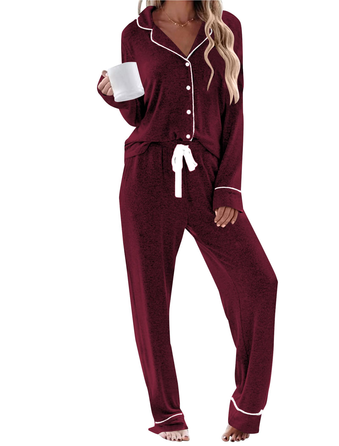 Womens Long Sleeve Pajamas Set Soft Sleepwear Button Down Shirt and Long Pants Pj Lounge Sets S-XXL with Pockets
