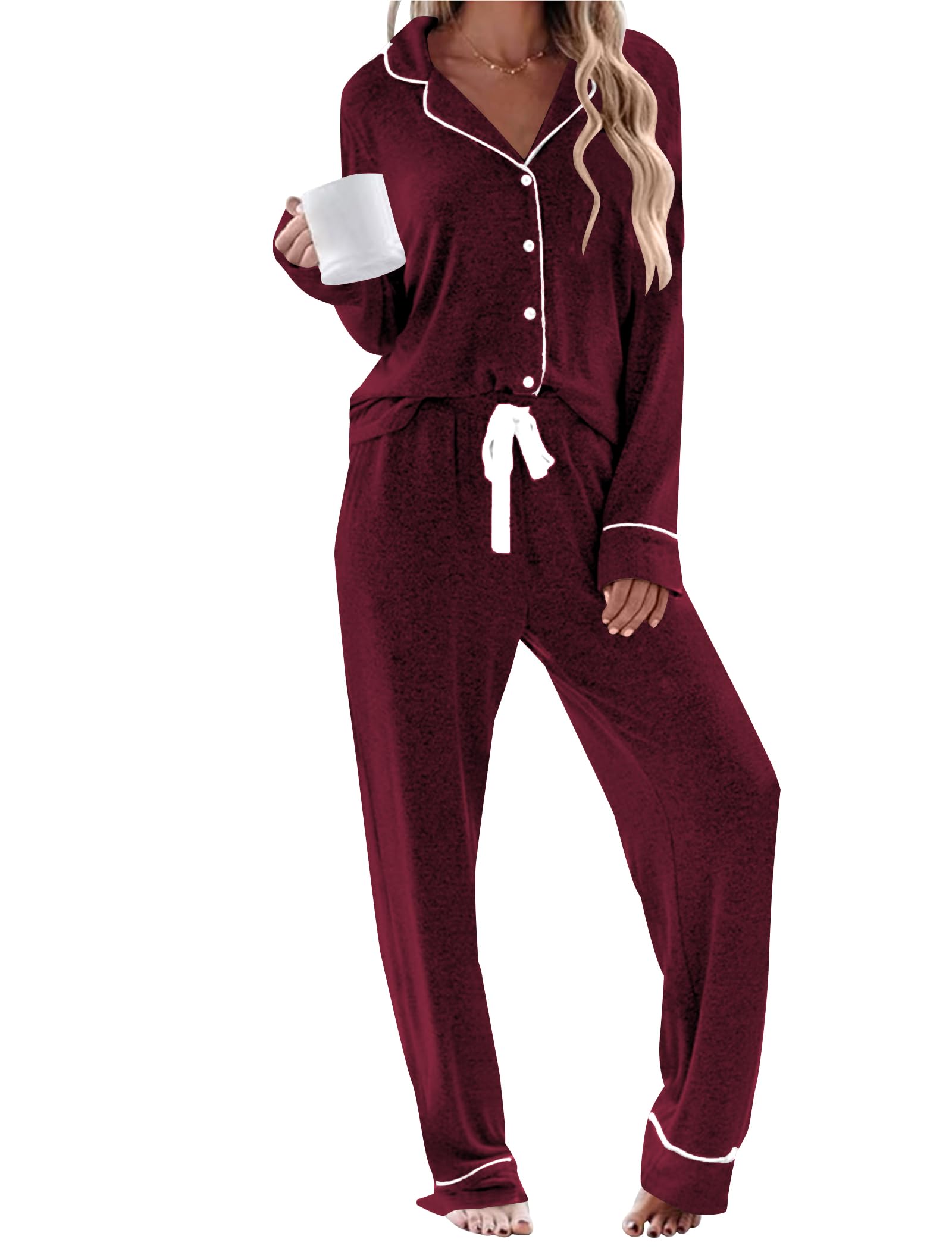 Womens Long Sleeve Pajamas Set Soft Sleepwear Button Down Shirt and Long Pants Pj Lounge Sets S-XXL with Pockets