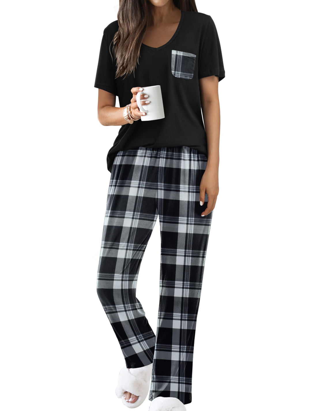 Ekouaer Pajama Sets for Women Short Sleeve Pj Set V Neck Sleepwear Chest Pocket with Long Pants Casual Loose Loungewear WEBE CLOTHING