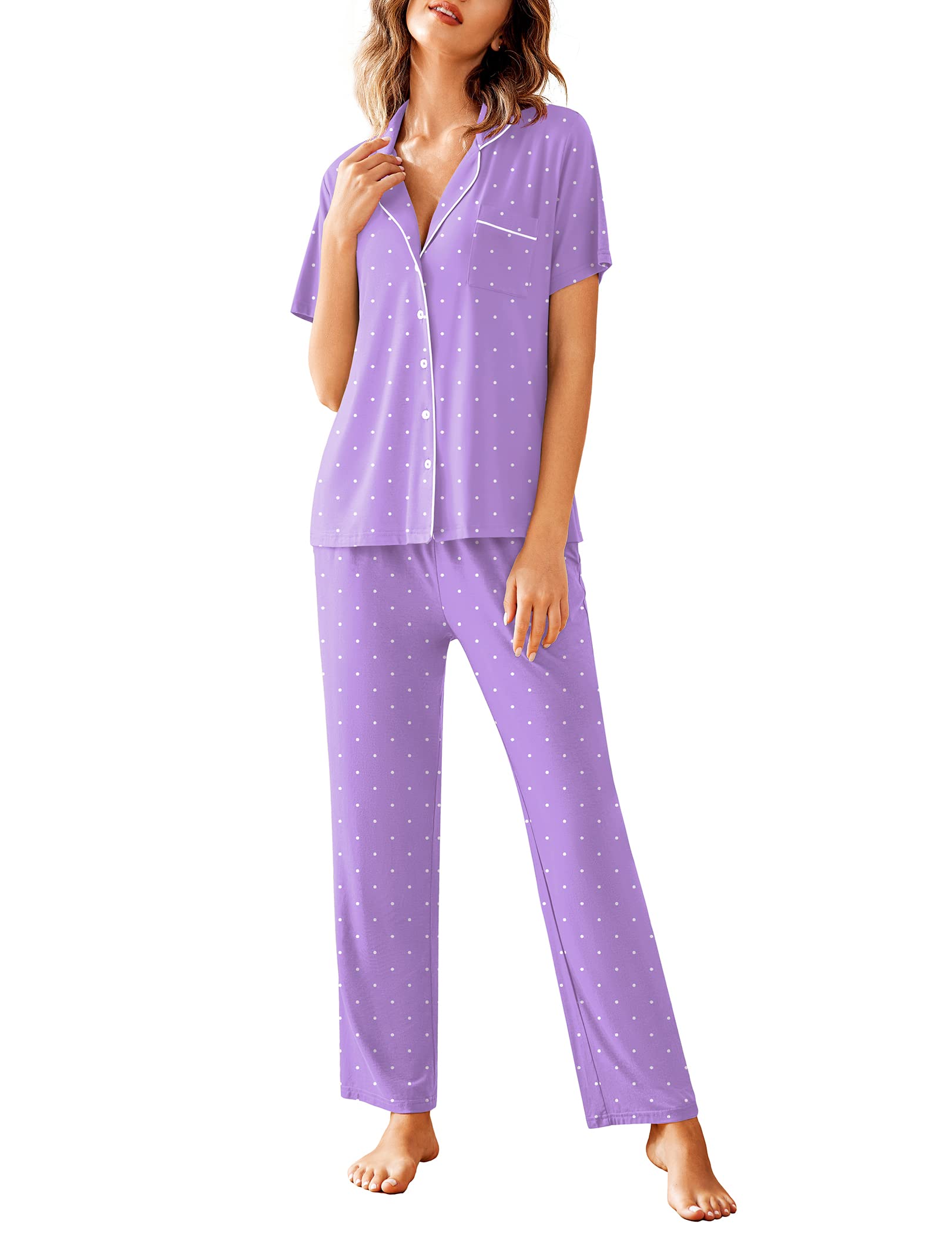Avidlove Women Pajamas Set Notch Collar Soft Sleepwear Pjs Short Sleeve Button Down Nightwear with Long Pants WEBE CLOTHING