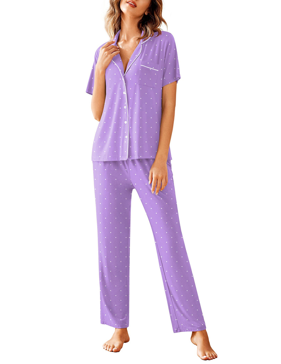 Avidlove Women Pajamas Set Notch Collar Soft Sleepwear Pjs Short Sleeve Button Down Nightwear with Long Pants WEBE CLOTHING