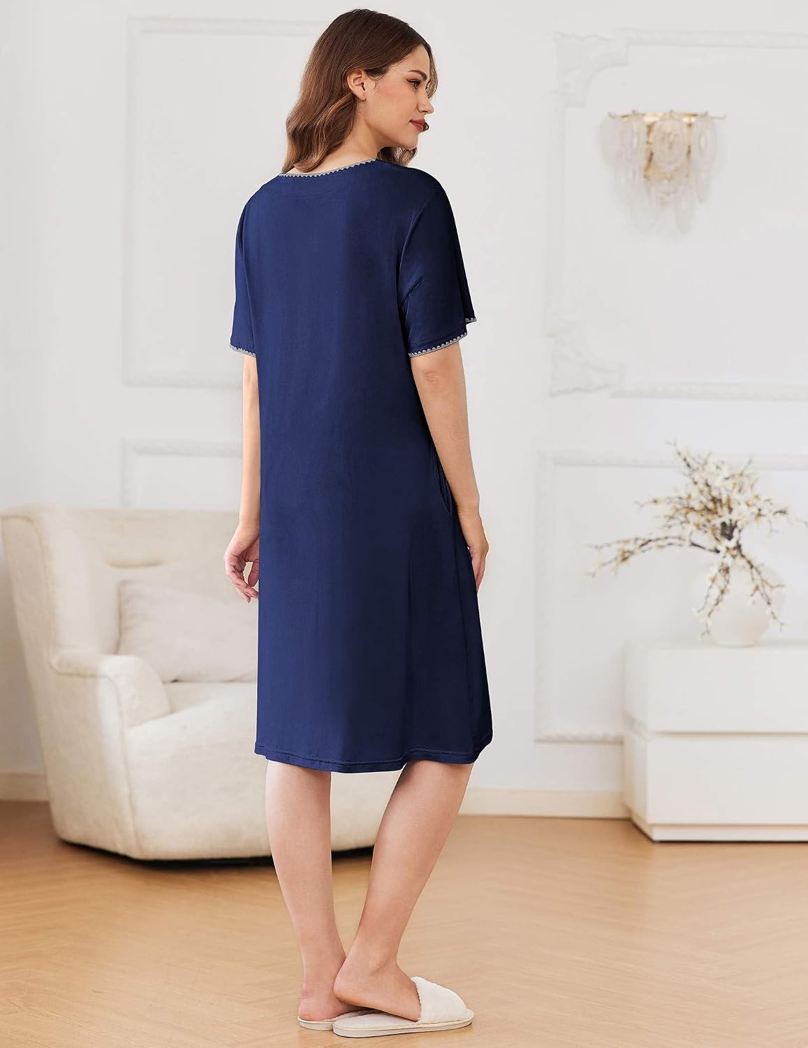Ekouaer Zipper Robes for Women Knee Length Bathrobe Lightweight Housecoat Short Sleeve Nightgown with Pockets S-3XL WEBE CLOTHING