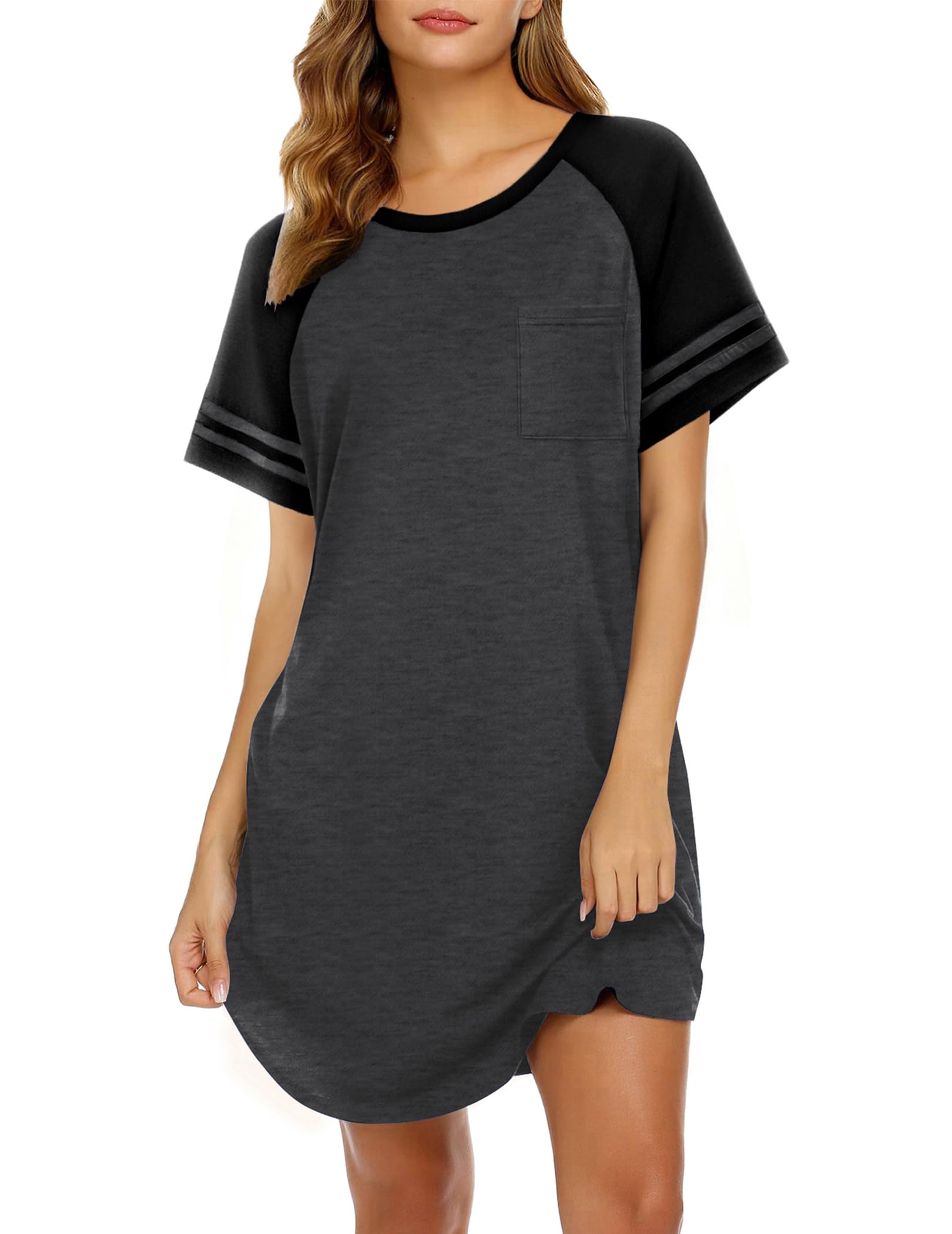 Ekouaer Nightgowns for Women Short Sleeve Sleepshirts Crew Neck Nightshirts Color Block Pajamas Dress Soft Sleepwear WEBE CLOTHING