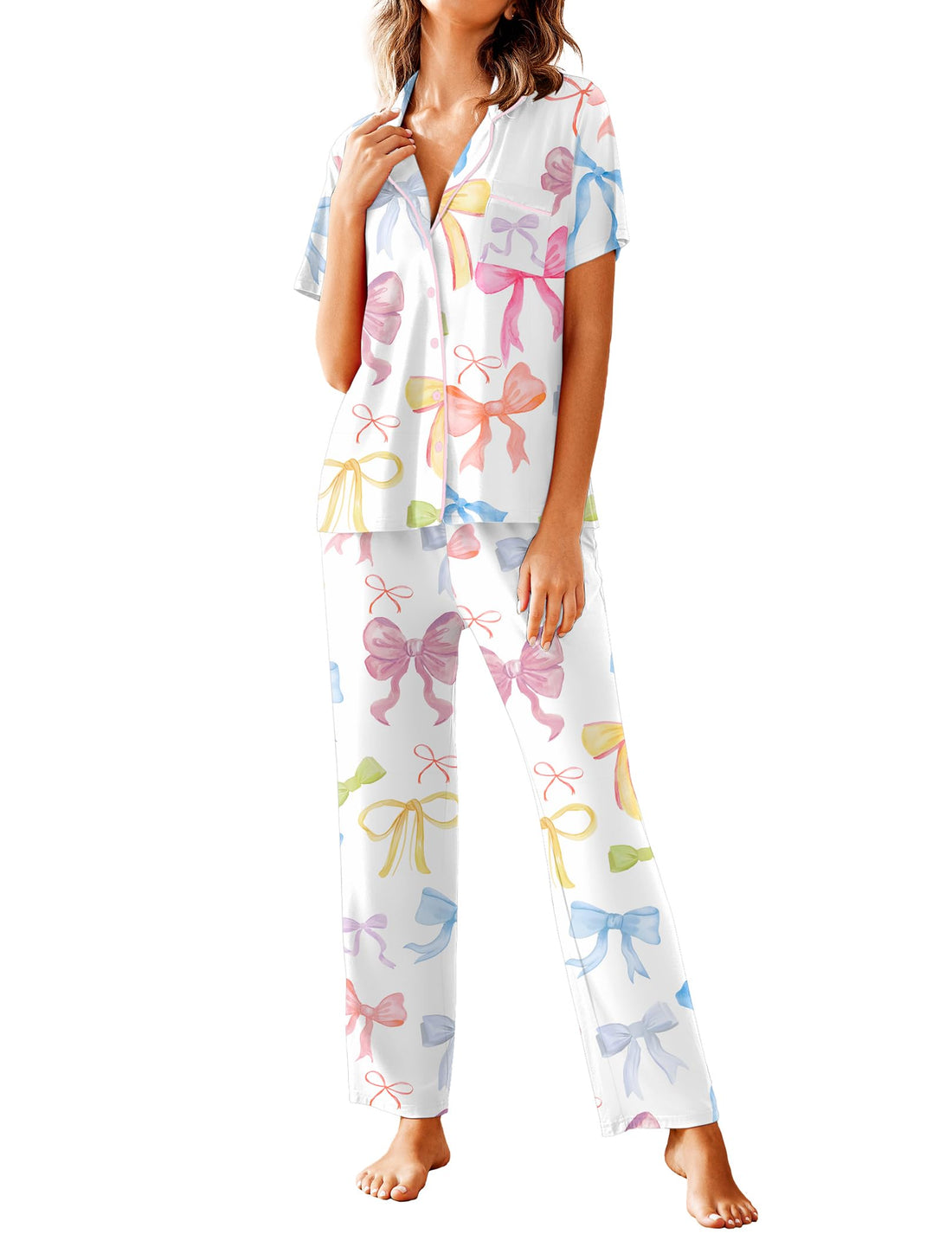 Avidlove Women Pajamas Set Notch Collar Soft Sleepwear Pjs Short Sleeve Button Down Nightwear with Long Pants WEBE CLOTHING