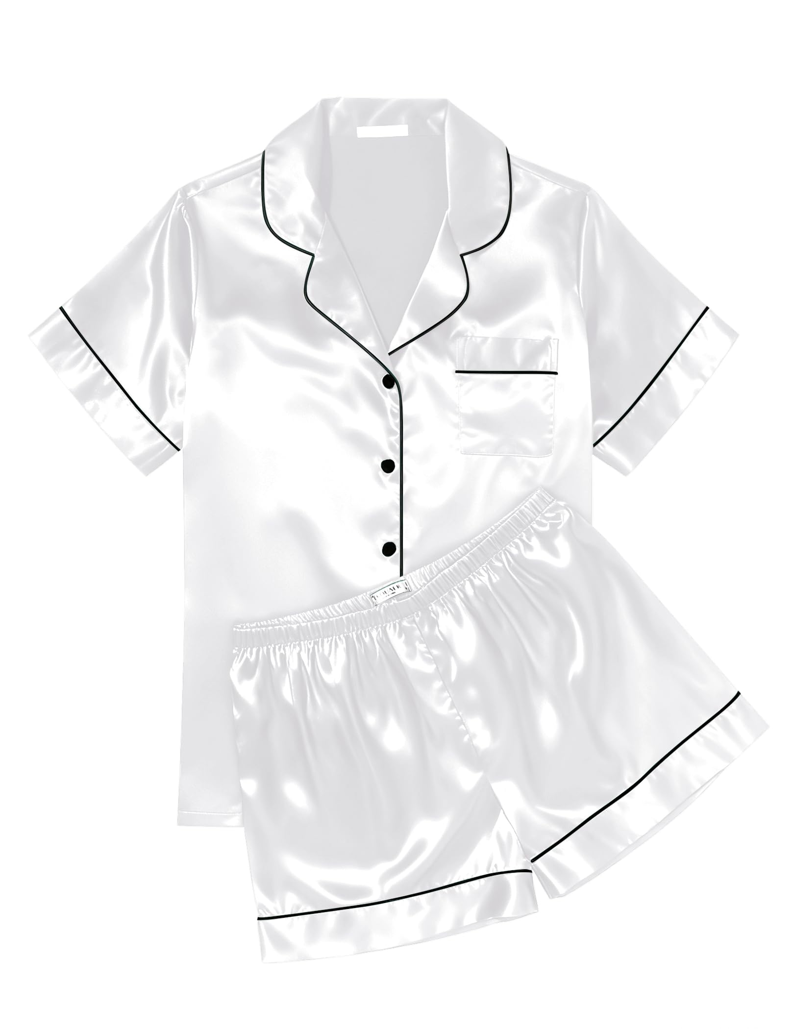 Ekouaer Womens Silk Satin Pajama Sets Soft Short Sleeve Button Down Sleepwear Top and Shorts 2 Piece Pjs Lounge Set