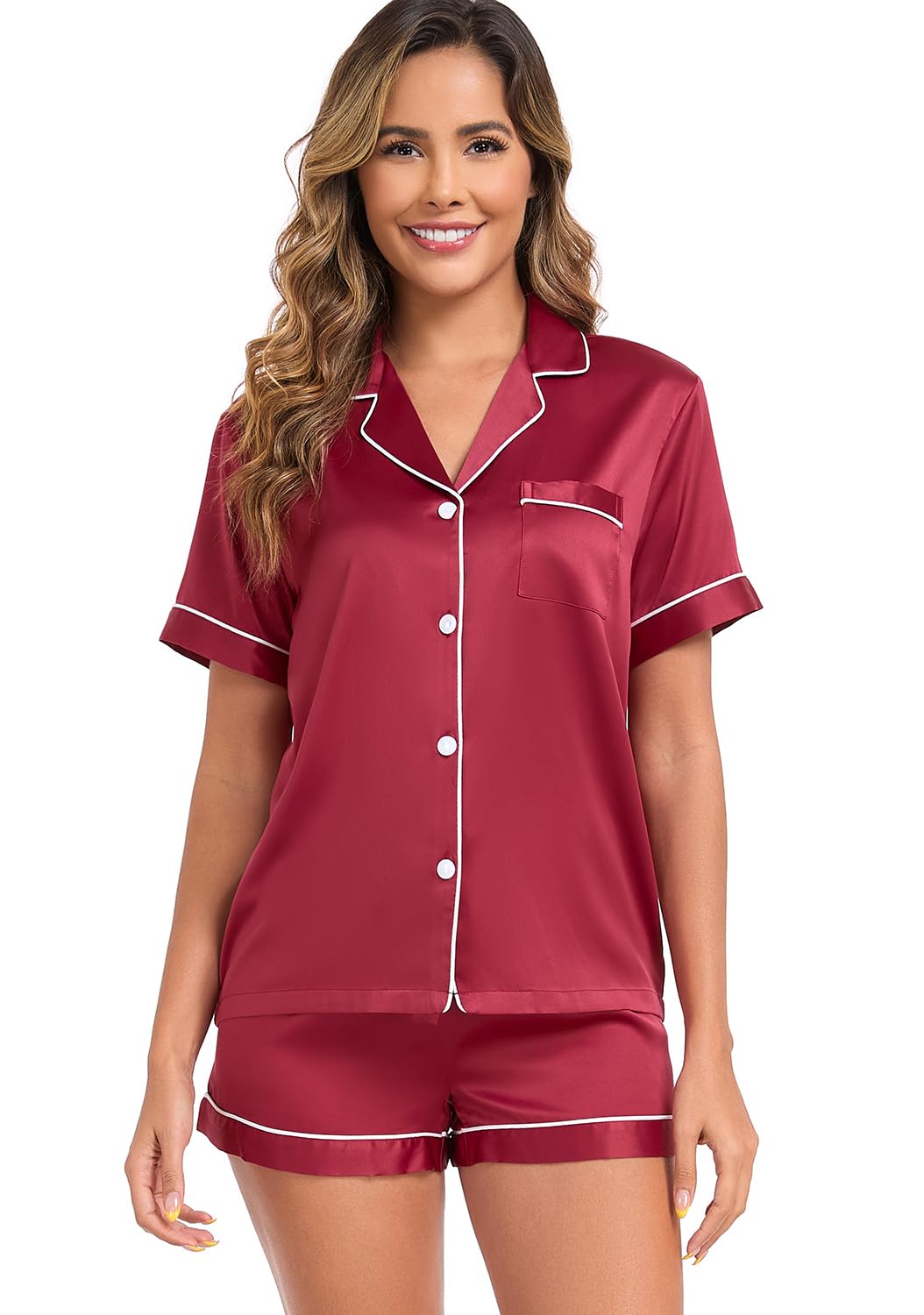 Serenedelicacy Women's Satin Pajama Set 2-Piece Sleepwear Loungewear Button Down Short Sleeve Silky PJ Set