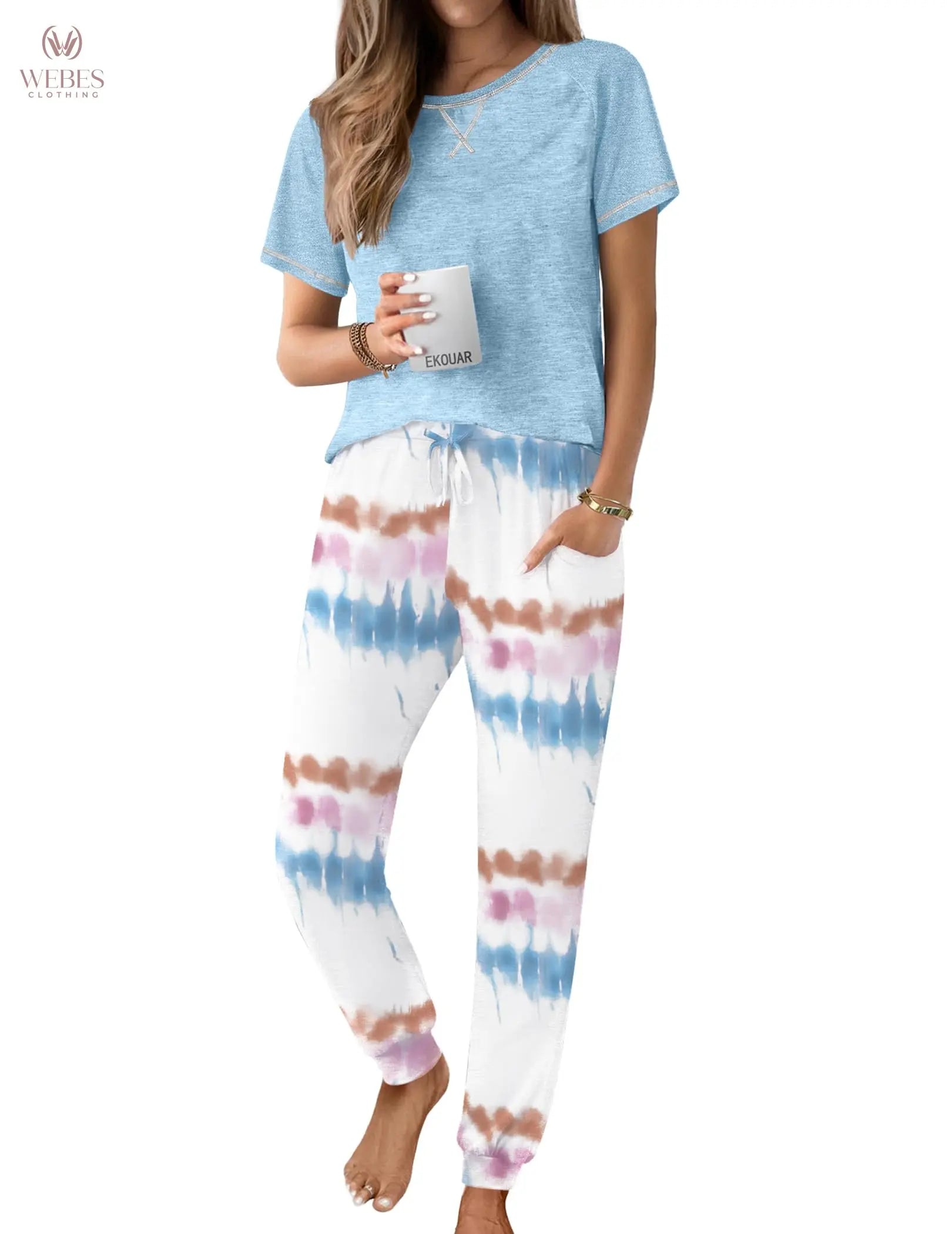 Ekouaer Pajamas for Women Set Short Sleeve PJ Set 2 Piece Jogger Pants | Soft Women Pajama Sets with Cozy Sleepwear Lounge Set Style Featuring Pockets Raglan Short Sleeve Top and Jogger Pants WEBE CLOTHING