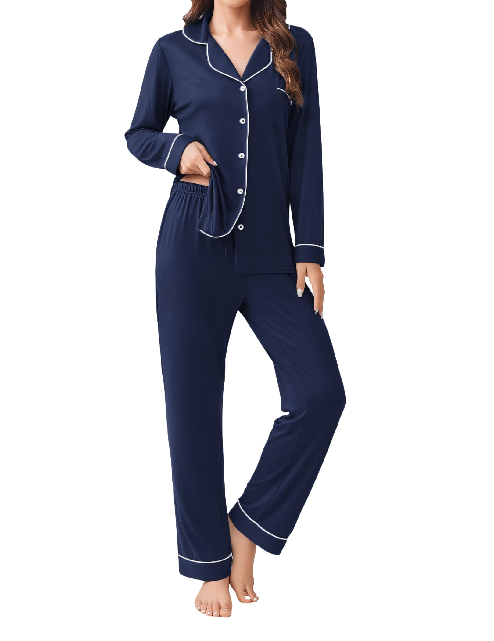 Ekouaer Womens Pajamas Set 2 Piece Button Down Pjs Soft Long Sleeve Top and Pants Sleepwear Set Lounge Sets