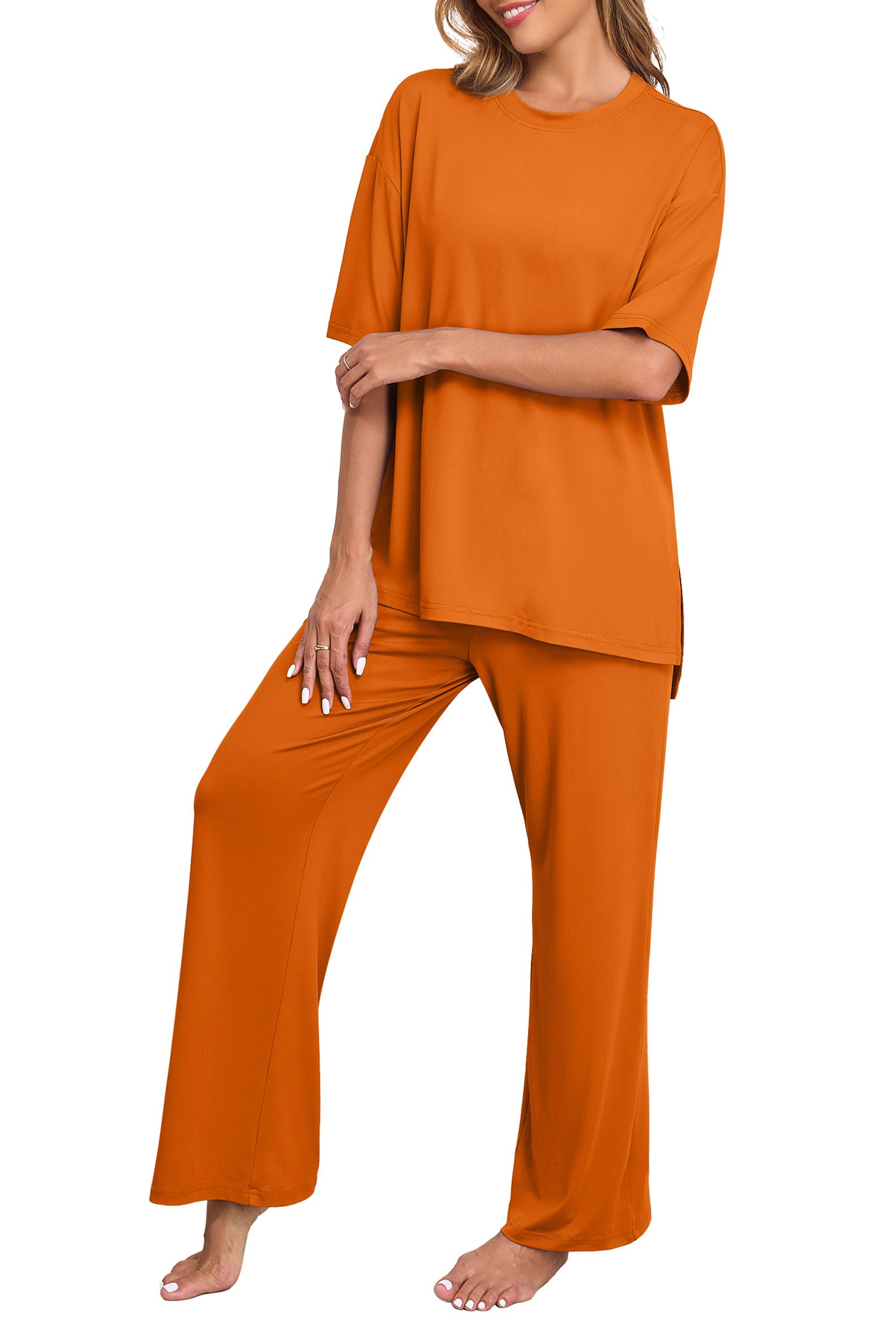 PrinStory Womens Pajamas Sets 2 Piece Lounge Set Short Sleeve Tops and Long Pants Soft Pjs Loungewear with Pockets