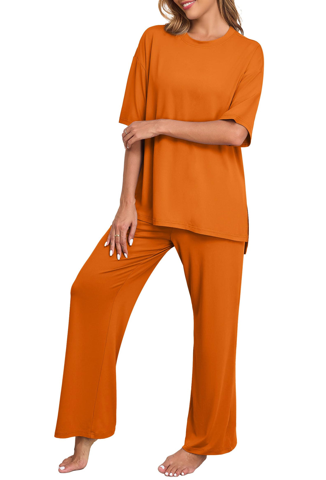 PrinStory Womens Pajamas Sets 2 Piece Lounge Set Short Sleeve Tops and Long Pants Soft Pjs Loungewear with Pockets