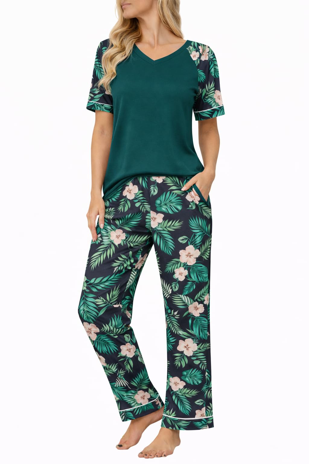 Ekouaer Womens Pajama Set Short Sleeve Pajamas Top and Pants V Neck Pjs Set Soft Loungewear with Pockets