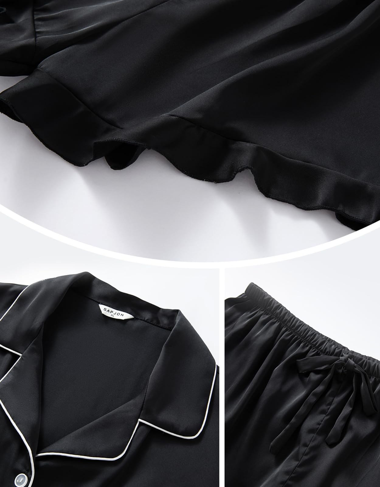 SAPJON Silk Pajamas for Women Set 4Pcs Ruffled Satin Pajamas Set Button Down Short Sleeve Cami Shorts Sleepwear Pj Set