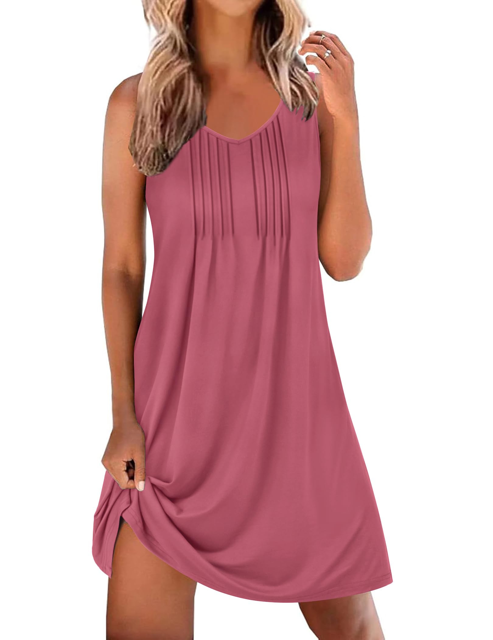 Ekouaer Nightgowns for Women Sleeveless Sleep Shirt Tank Night Gown V Neck Chemise Pleated Night Shirt Soft Sleep Dress