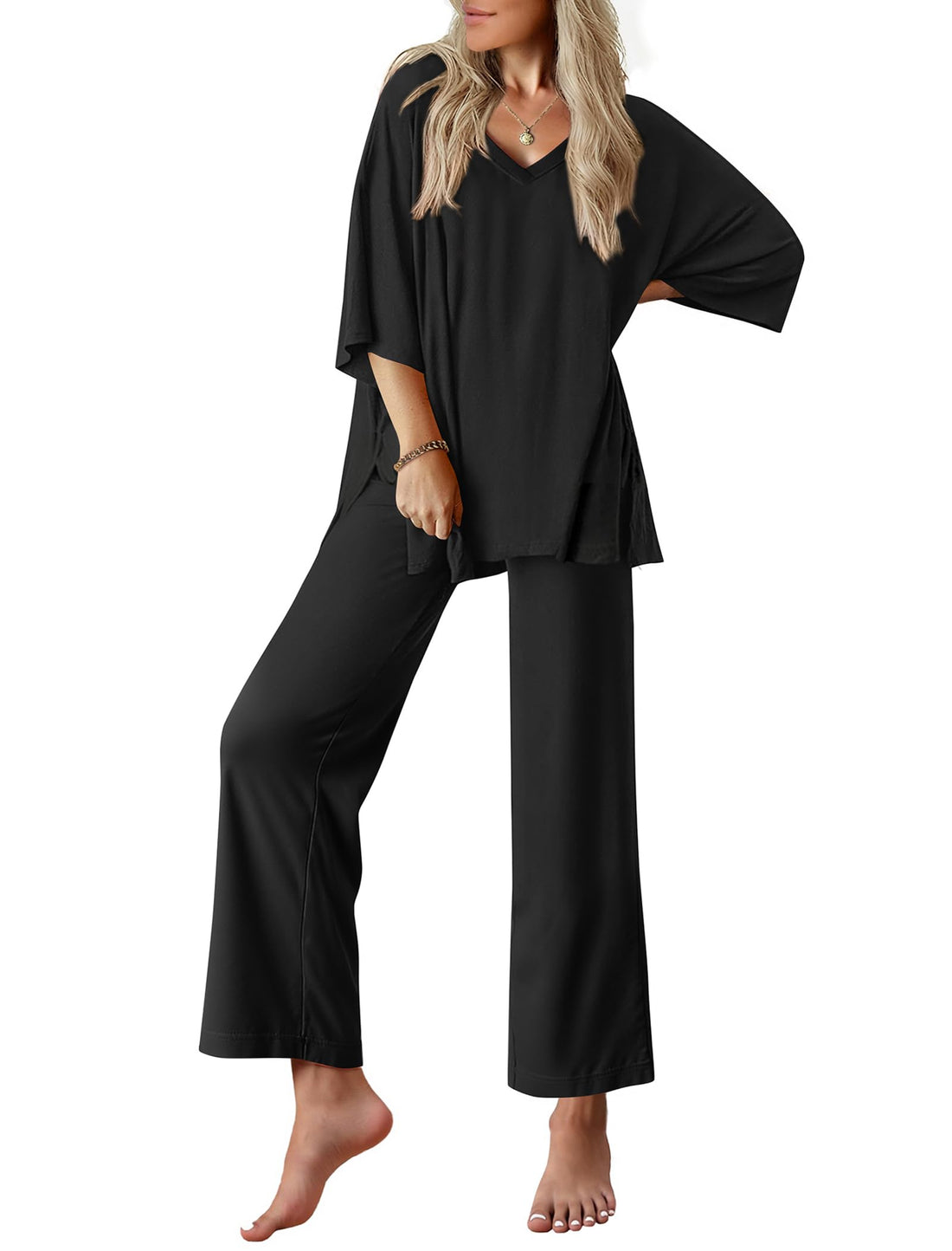 Ekouaer Lounge Sets for Women Short Sleeve Tops and Long Pants Pajamas Set | Comfy V Neck Top and Loose Fit Pants, Fashion Oversized style, ideal for Home relaxation, Daily Wear & Maternity WEBE CLOTHING