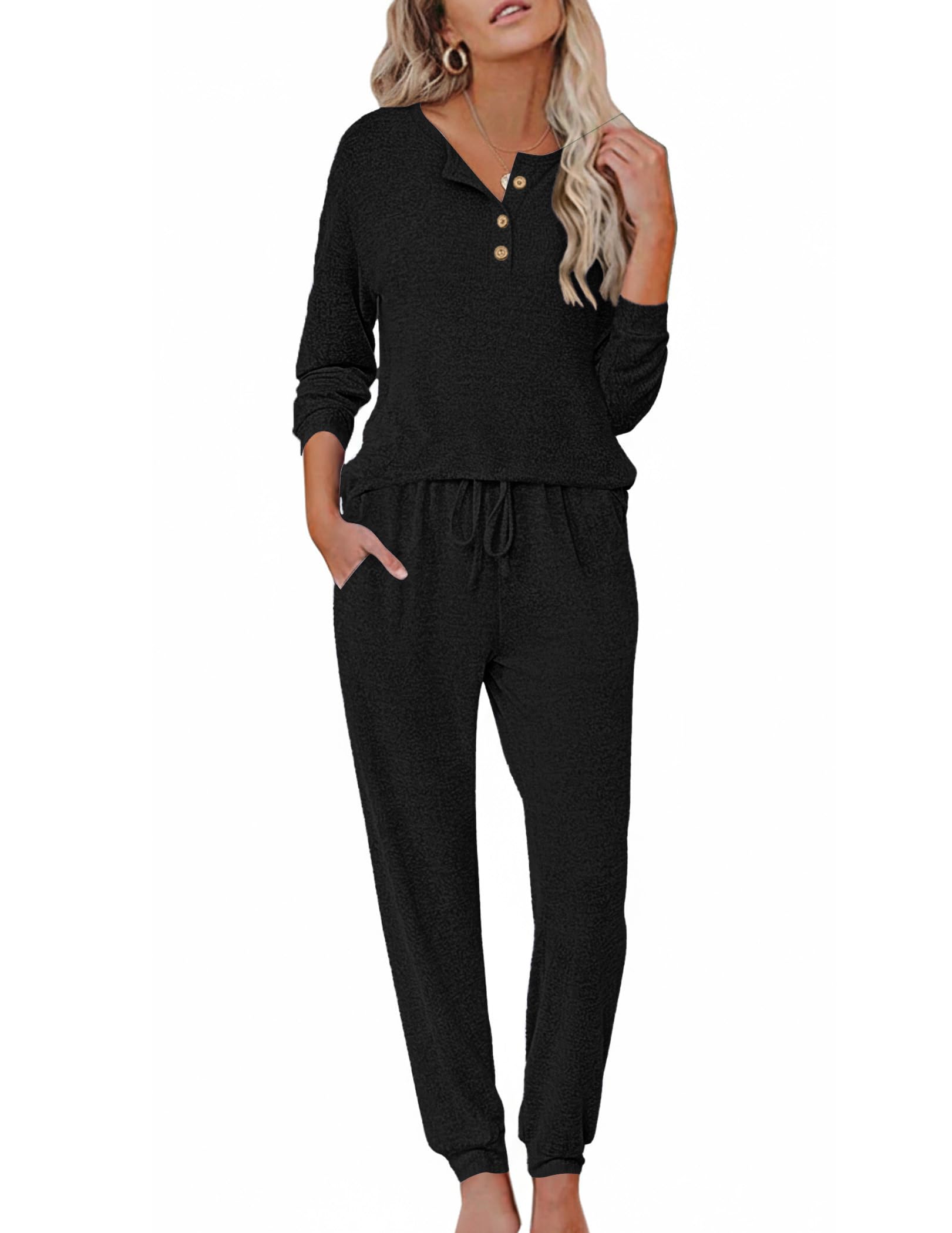 Ekouaer Womens Pajama Sets Long Sleeve Lounge Set 2 Piece Pj Sets for Women Henley Neck Casual Sleepwear Loungewear S-XXL