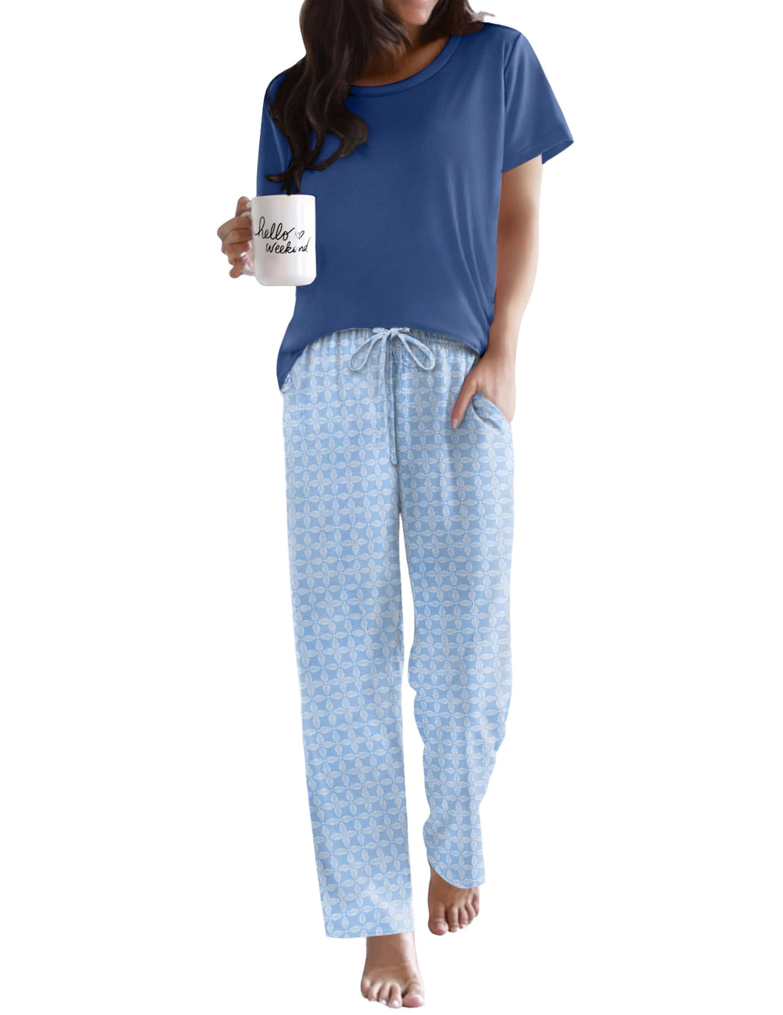 Ekouaer Pajama Sets for Women Round Neck Pjs Short Sleeve Sleepwear with Long Pants Loose Lounge Sets