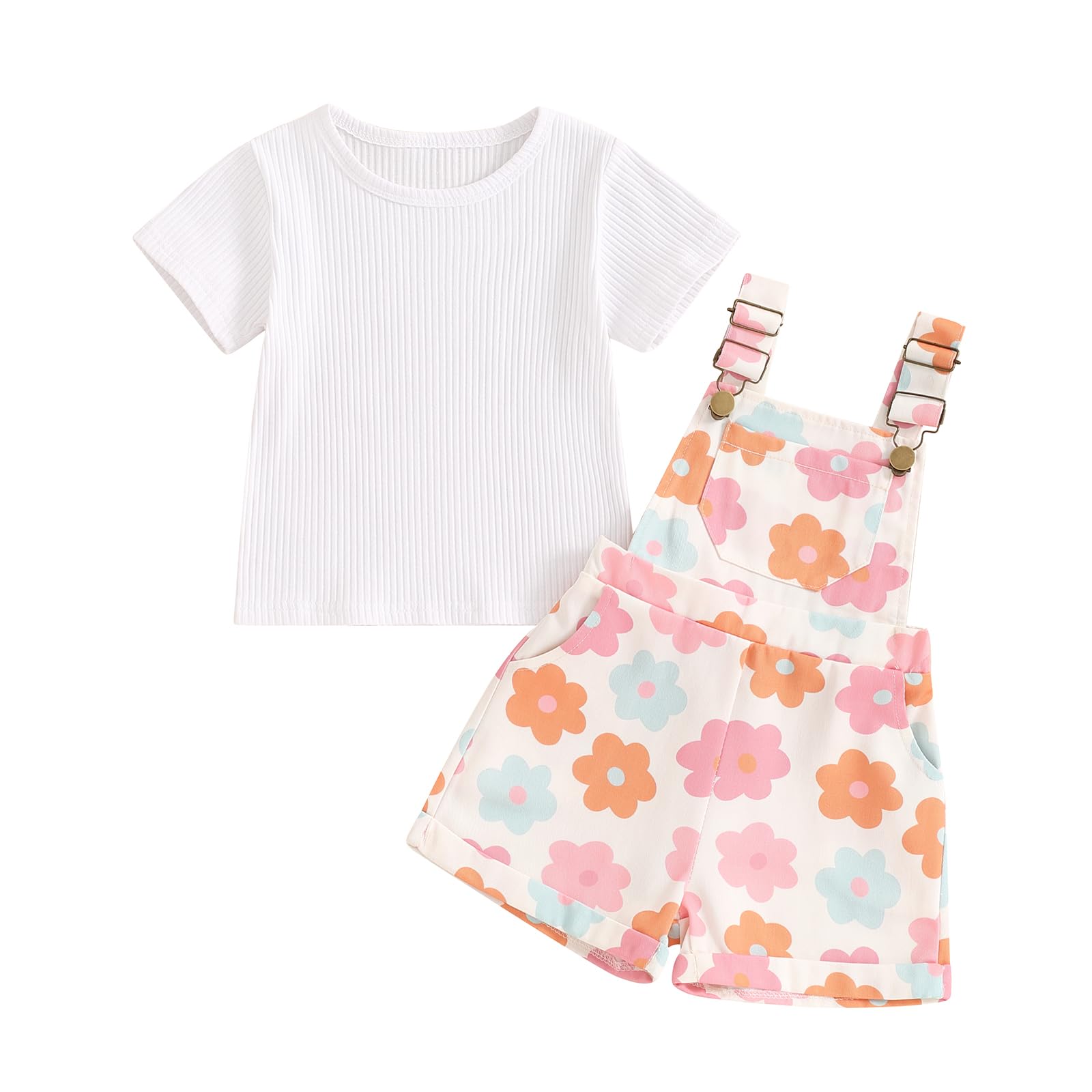 Toddler Baby Girls Summer Outfits T-Shirt Overalls Shorts Set | Short Sleeve Ribbed Shirt, Flower/Apple/Strawberry/Camo/Star/Bee Suspender Overalls, Kid 2Pcs Clothing, Spring Clothes 12M-5Y WEBE CLOTHING