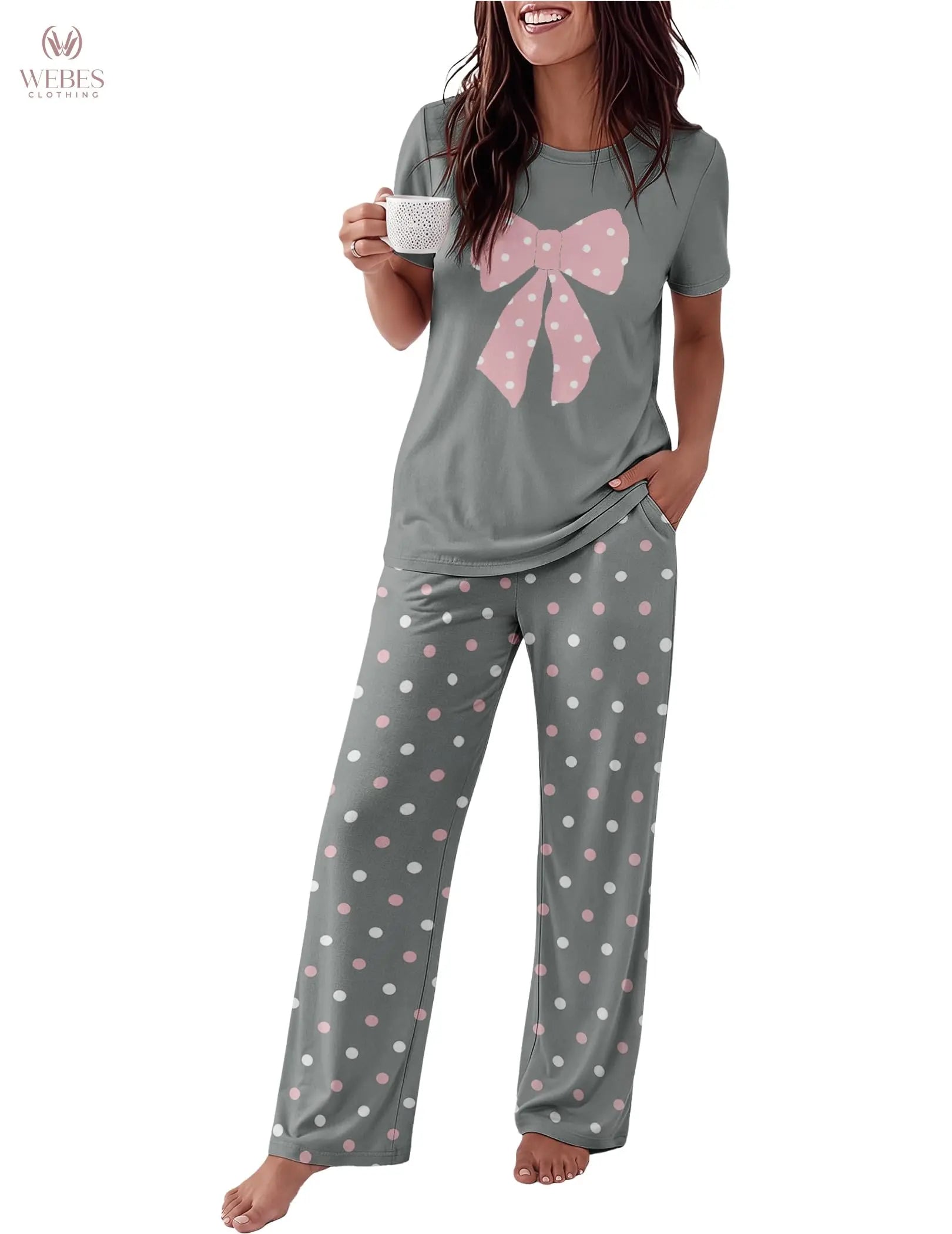Ekouaer Pajama Set for Women 2 Piece Pjs Short Sleeve Top and Printed Pants | Womens Round Neck Lounge Sets Short Sleeve Sleepwear with Loose Pants for Daily Wear, Home Lounging, Casual Errands WEBE CLOTHING