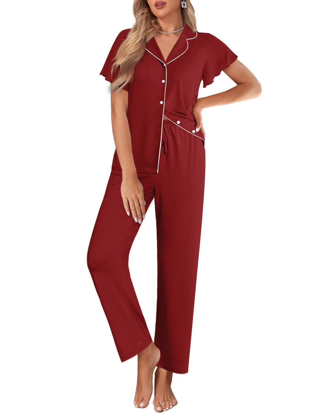 Ekouaer Pajamas for Women Set Button Up Sleepwear Cute Pjs Ruffle Sleeve Notch Collar Loungewear with Long Pants S-XXL