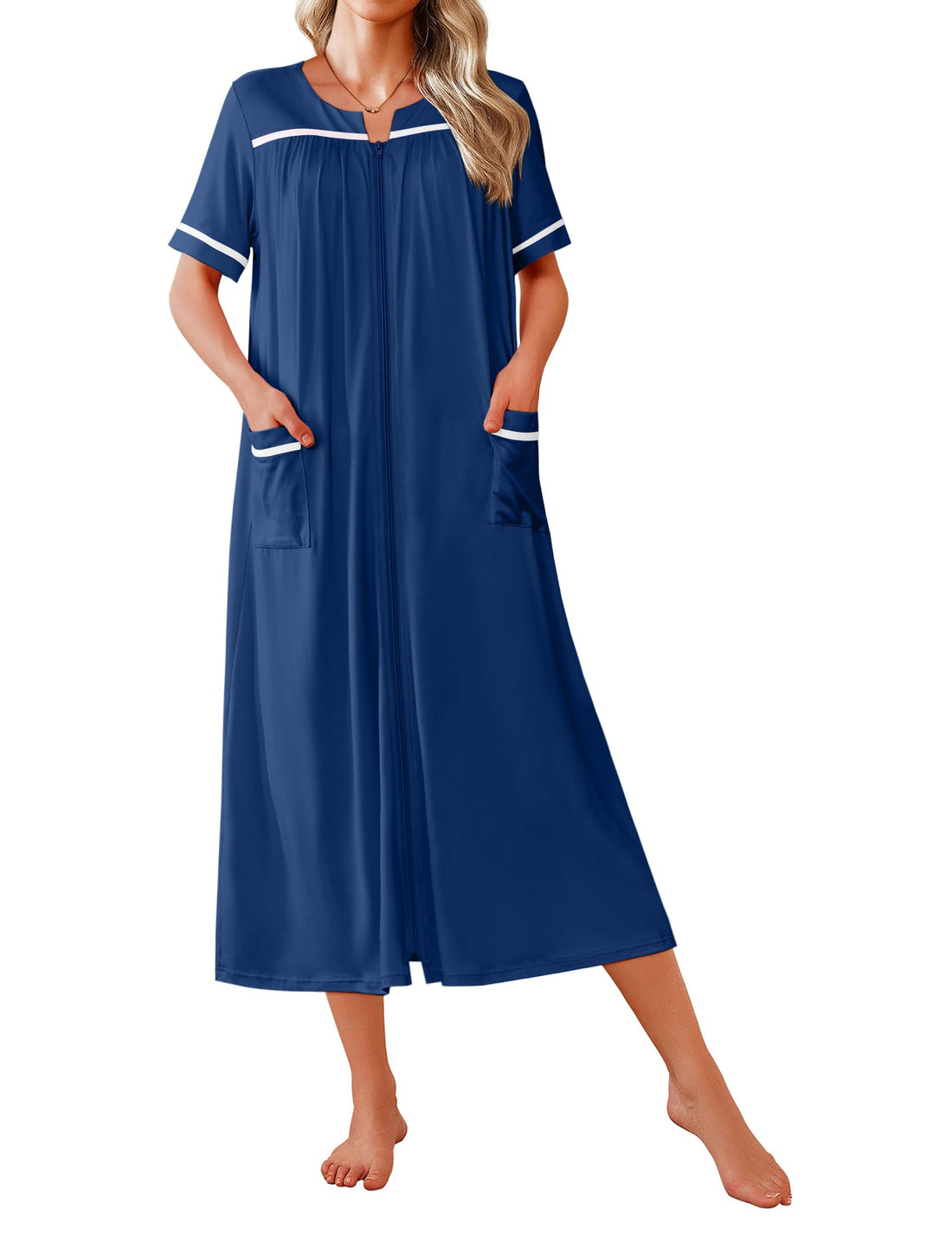 Ekouaer Zipper Robes for Women Short Sleeve Bathrobe Soft Lightweight Housecoat Full Length Nightgown with Pockets S-3XL WEBE CLOTHING
