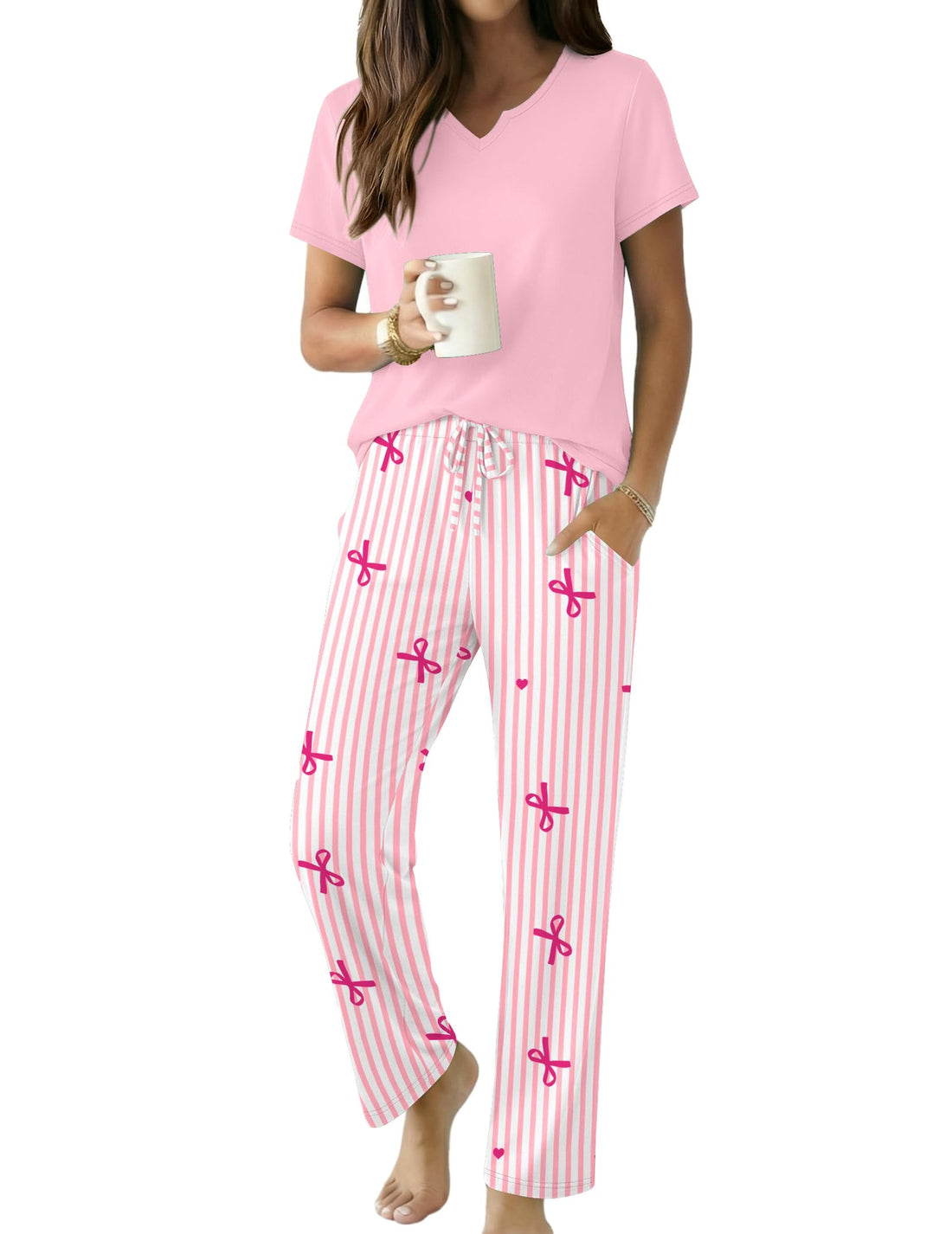 Ekouaer 2 Piece Womens Pajamas Short Sleeve Top and Long Pants Pjs Set Printed Sleepwear with Pocket WEBE CLOTHING