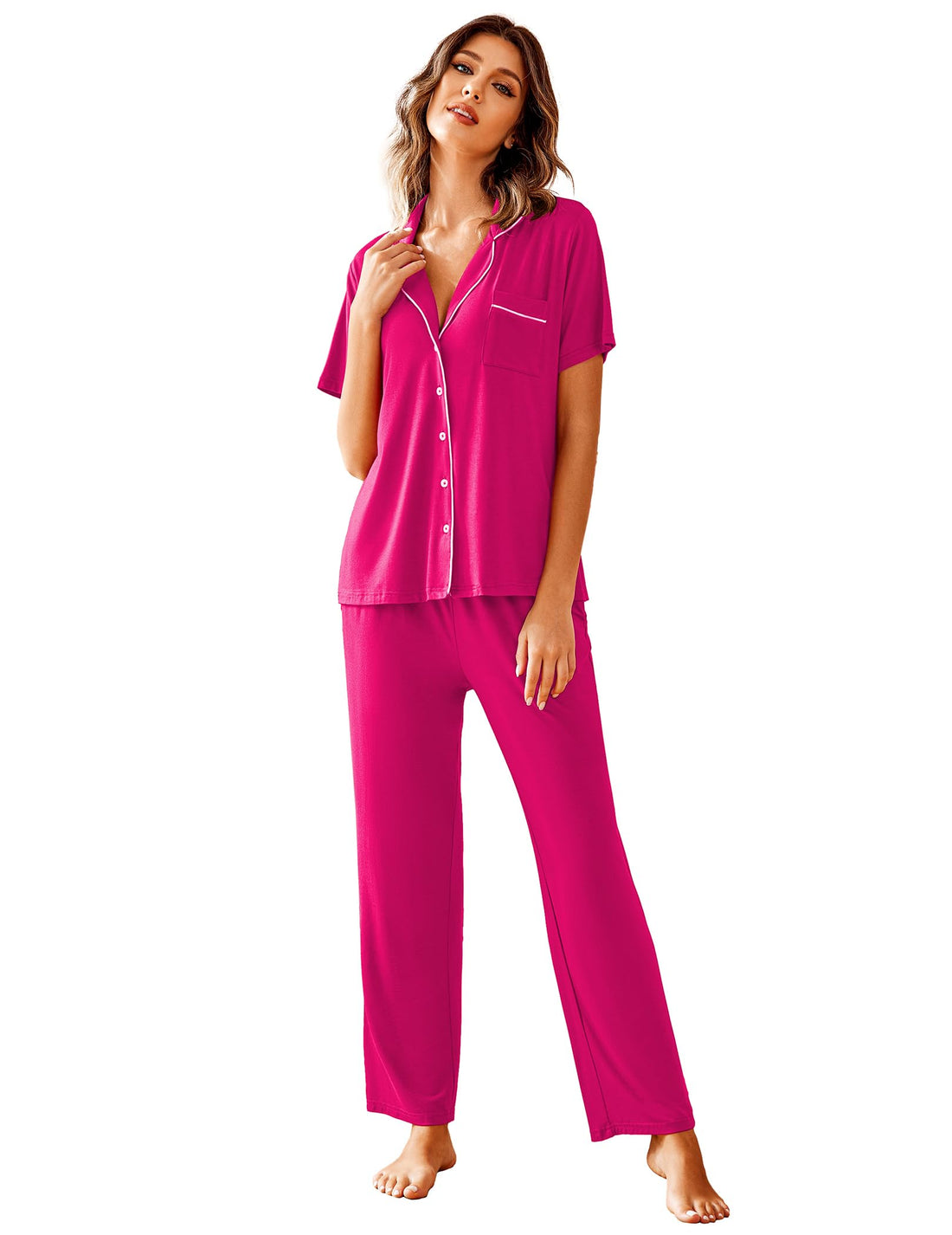 Avidlove Women Pajamas Set Notch Collar Soft Sleepwear Pjs Short Sleeve Button Down Nightwear with Long Pants WEBE CLOTHING