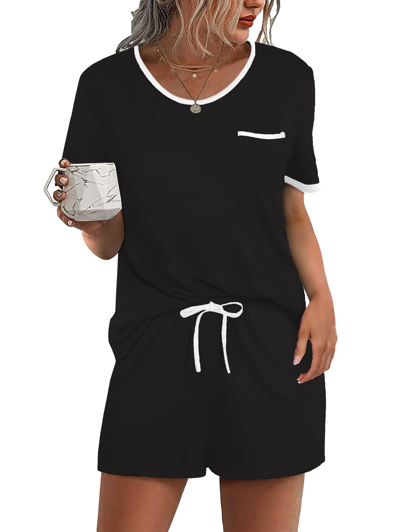 Ekouaer Pajama Set for Women 2 Piece Lounge Set Short Sleeve Tops and Shorts Soft Sleepwear, Chest Pocket
