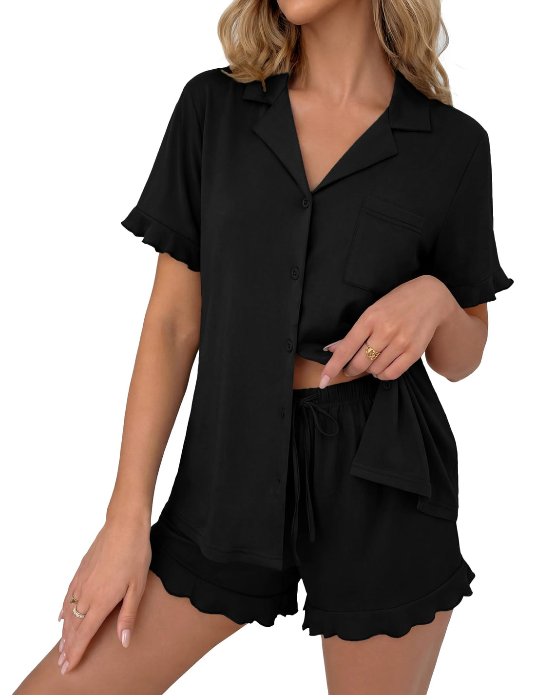 Ekouaer Pajamas Set for Women Button Down Pjs Lounge Sets Ruffle Short Sleeve Sleepwear Cute Loungewear