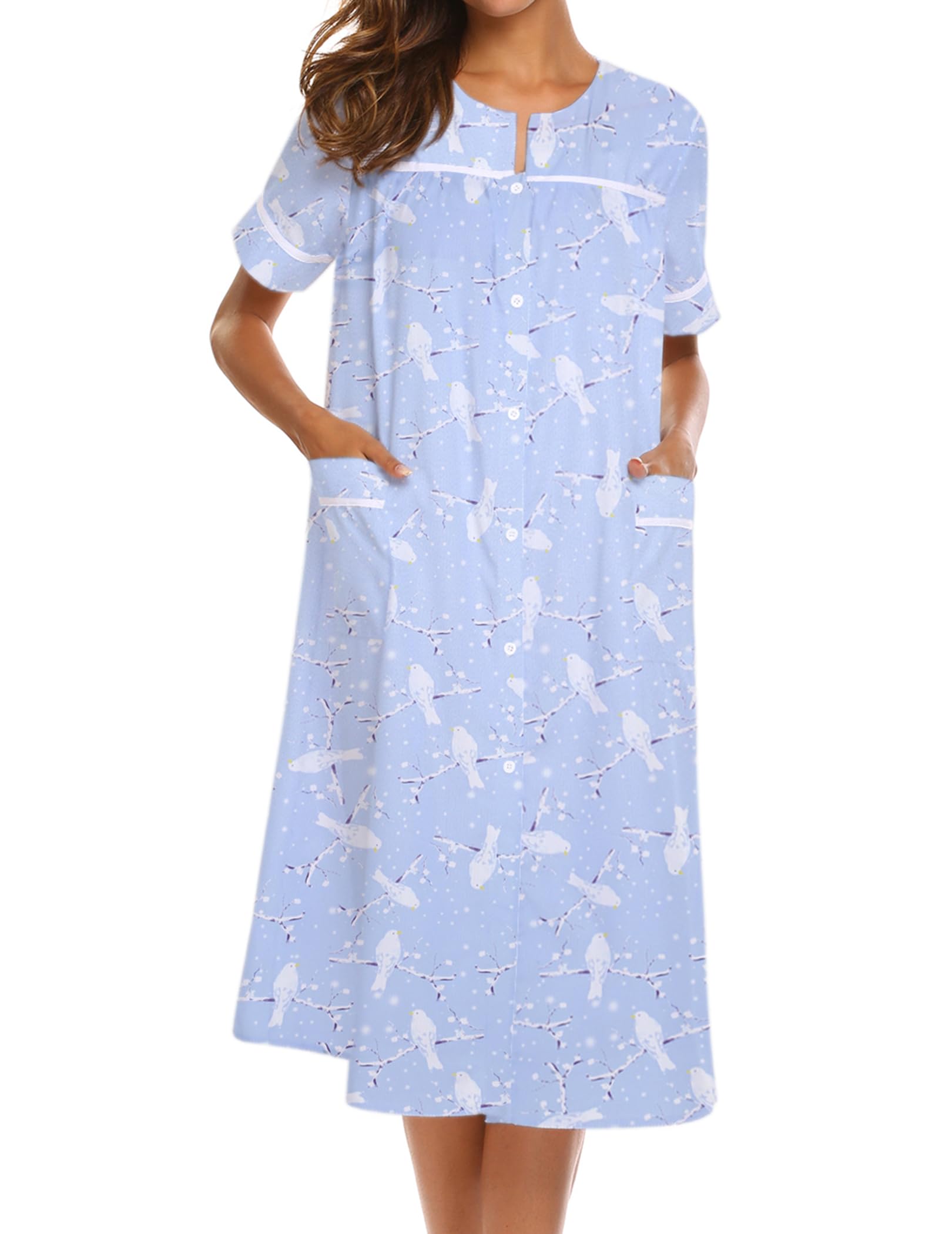 Ekouaer House Dress for Women with Pockets Duster Button Down Nightgown | Nightgowns for Women, Button Dwon House Dress with Pockets, Short Sleeve Duster Housecoat, Moo Moos for Elderly, Mumu Dress WEBE CLOTHING