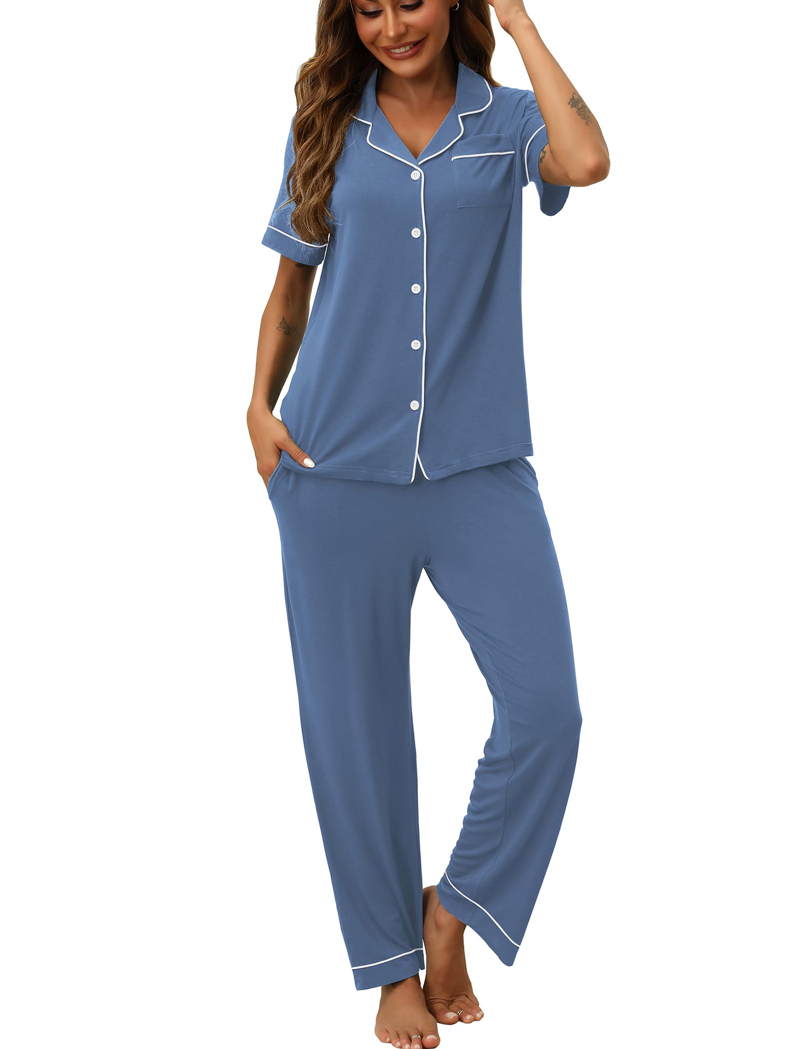 HNG Women Pajamas Set 2 Piece Button Up Pajamas Pant and Short Sleeve Shirt for Woman Pj Sets with Pocket