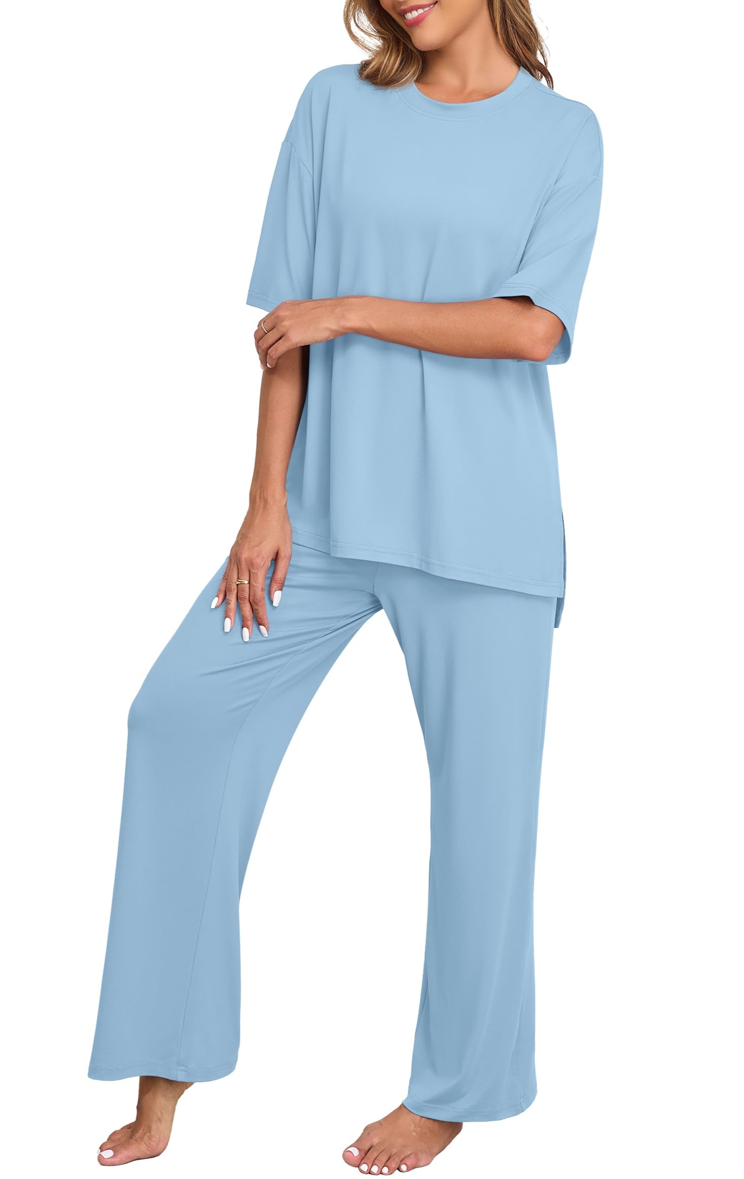 PrinStory Womens Pajamas Sets 2 Piece Lounge Set Short Sleeve Tops and Long Pants Soft Pjs Loungewear with Pockets