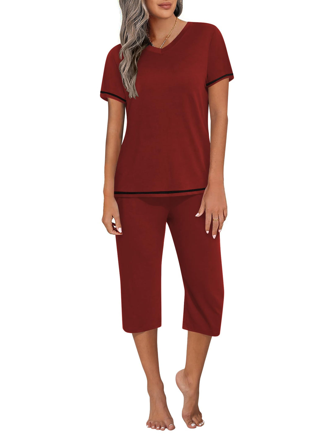 Ekouaer Women's Sleepwear Capri Pajama Sets Short Sleeve Two-Piece Pjs V Neck Tops & Capri Pants with Pockets S-3XL