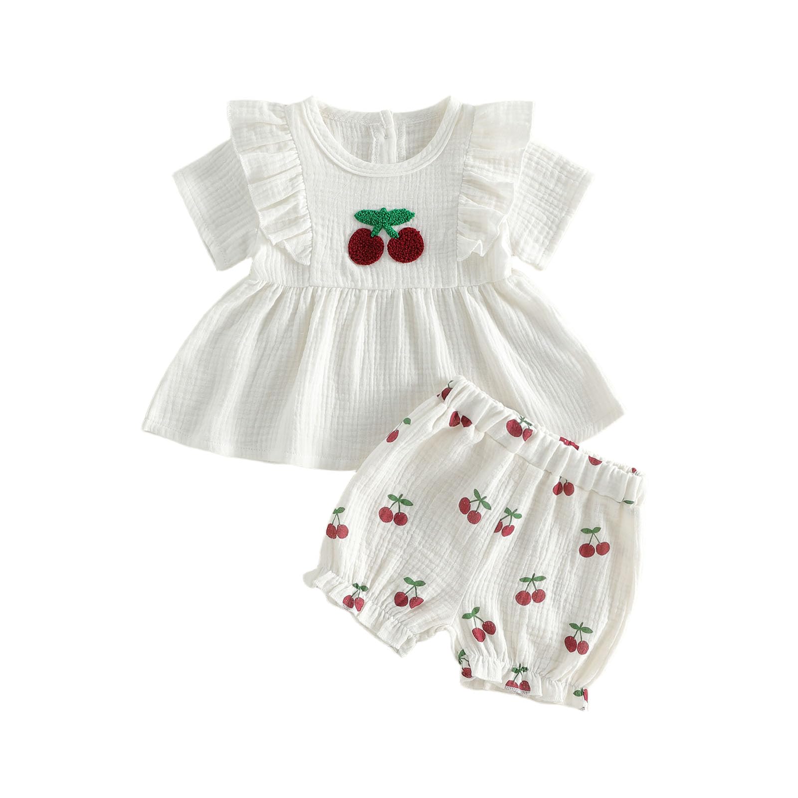 Amnnchya Toddler Girl Clothes Baby Summer Spring Outfits Cute Bow Button Smocked Ruffle Sleeve Tops ＋ Girls Shorts Set WEBE CLOTHING