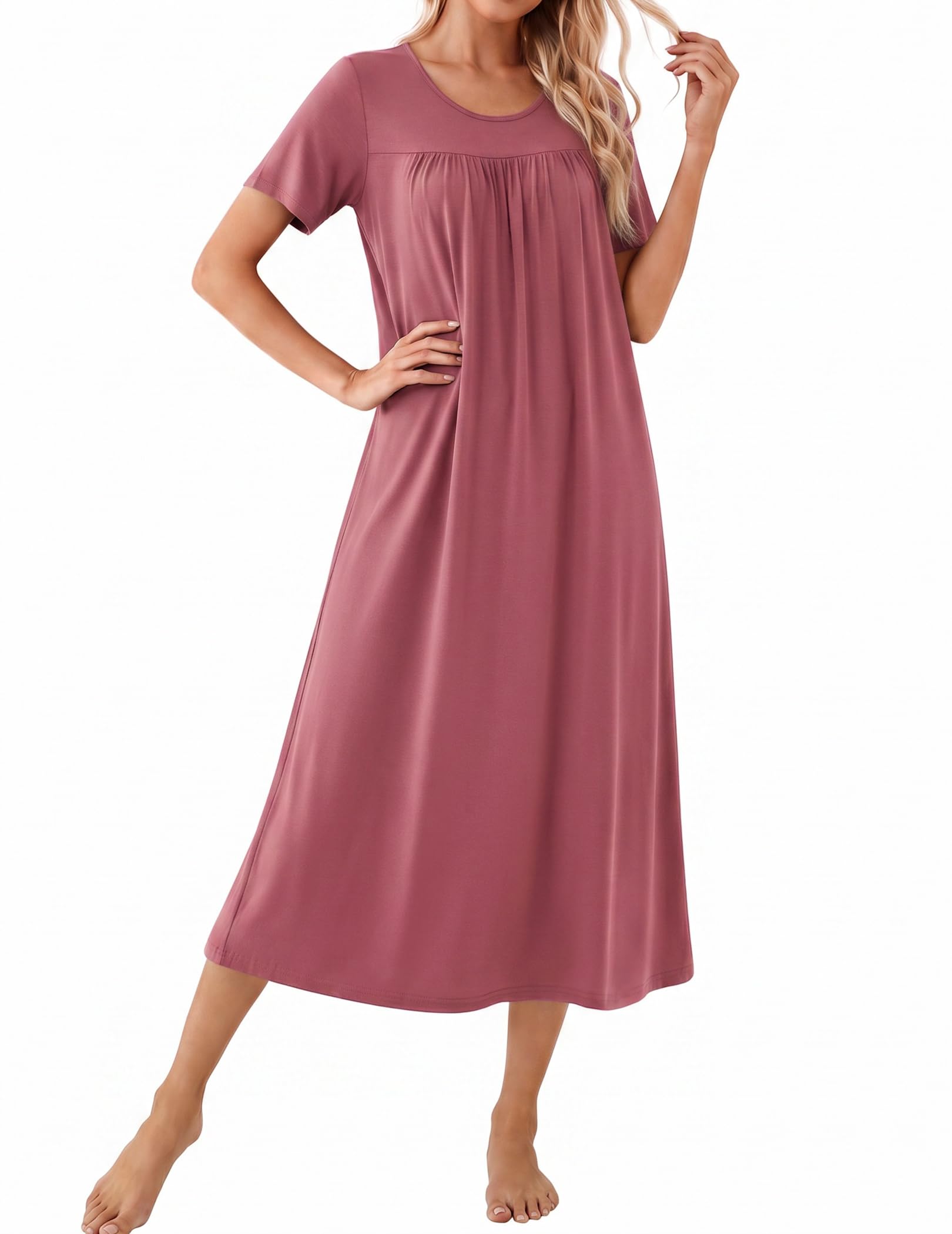 Ekouaer Long Nightgowns for Women Bamboo Viscose Short Sleeve Soft House Dress WEBE CLOTHING
